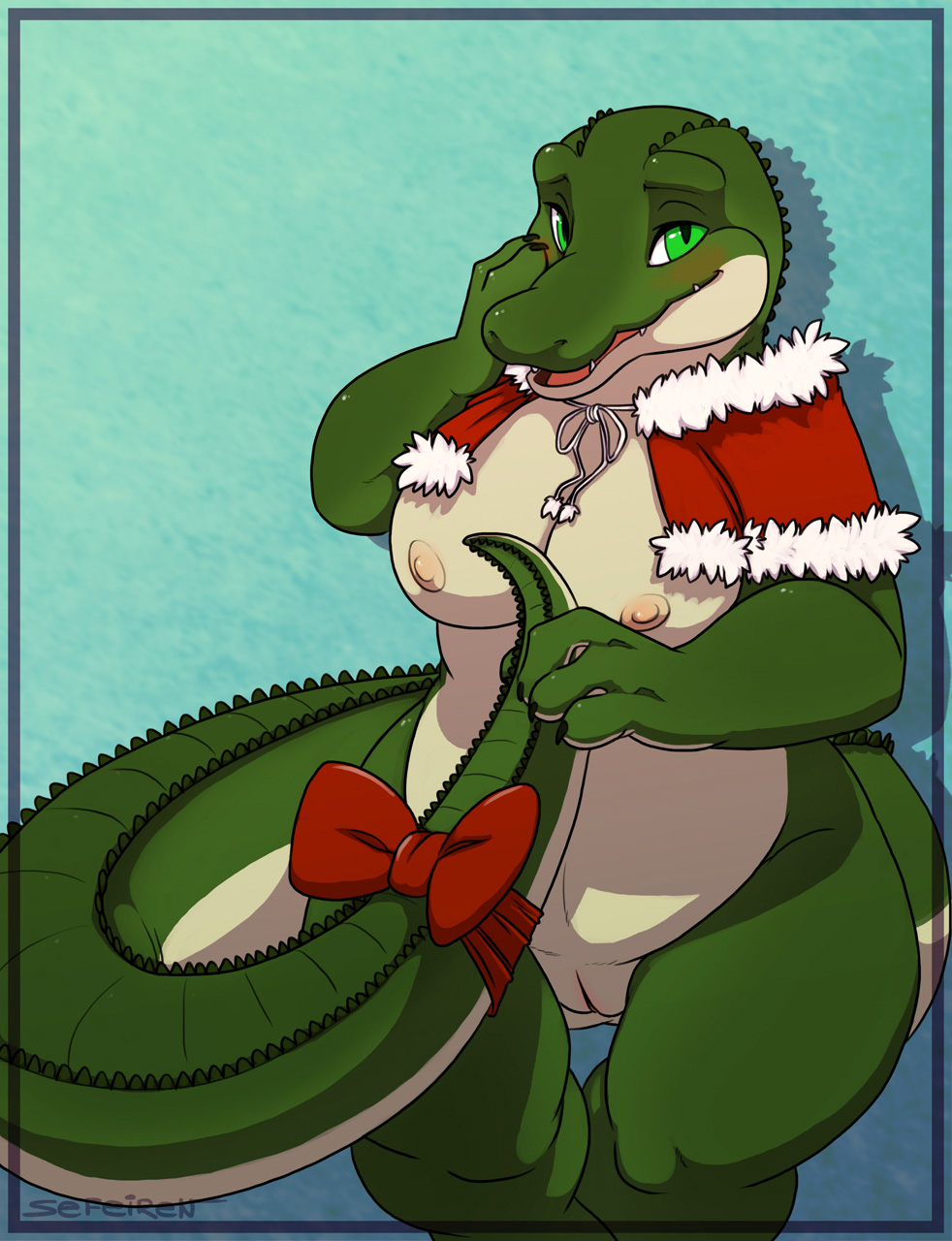 alligator anthro blush bow breasts chubby color female fgs green_eyes lizard looking_at_viewer nipples nostrils nude pussy reptile ribbons scalie sefeiren shawl shy sitting solo tail_grab tongue