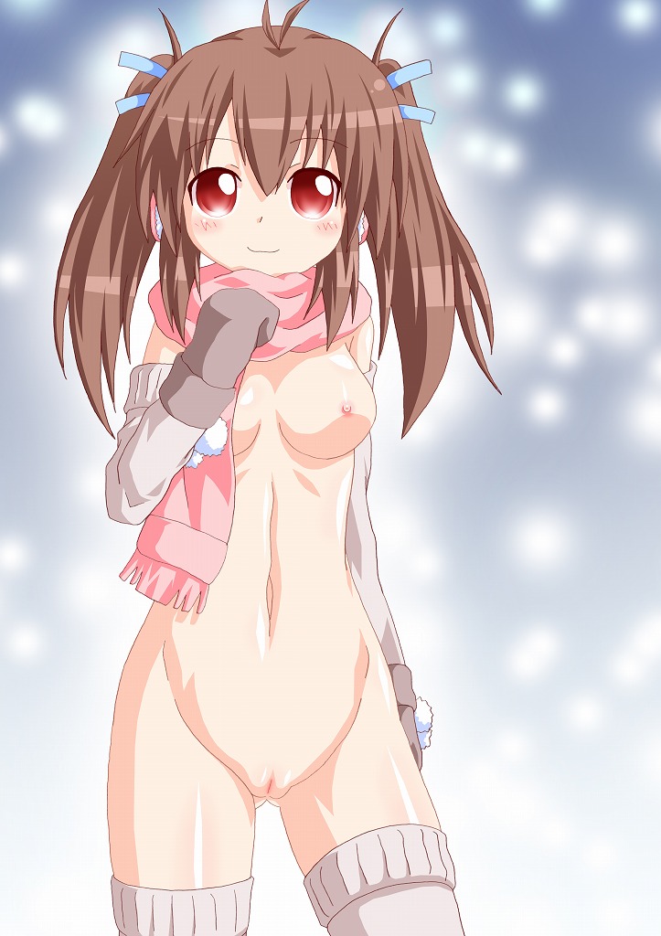 1girls arm_warmers blush breasts brown_hair female gloves kers leg_warmers naked_scarf navel nipples nude original pussy red_eyes scarf smile solo standing thighhighs tied_hair twintails uncensored