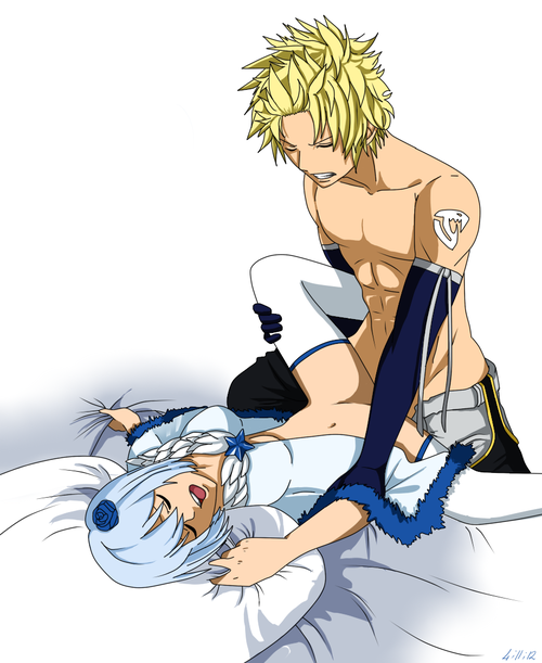 1boy 1girls bed blonde_hair breasts closed_eyes elbow_gloves fairy_tail female gloves hair_flower human male moaning open_mouth sex short_hair spread_legs sting_eucliffe straight thighhighs white_hair white_legwear yukino_aguria