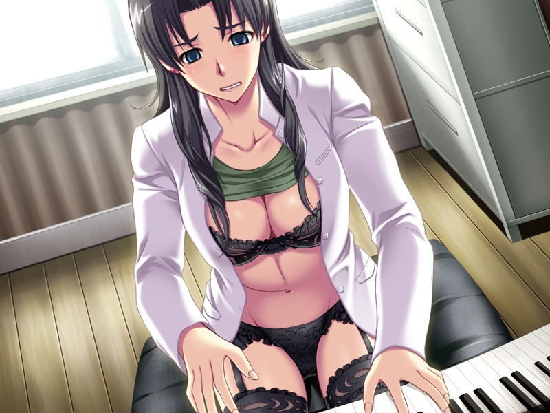 1girls black_socks bra breasts circle_hitori cleavage clothing female fujinomori_shiho game_cg garter_belt labcoat lace-trimmed_thighhighs lingerie panties piano piano_bench shirt shirt_lift socks solo soushinjutsu_3 stockings tagme thigh_socks thighhighs