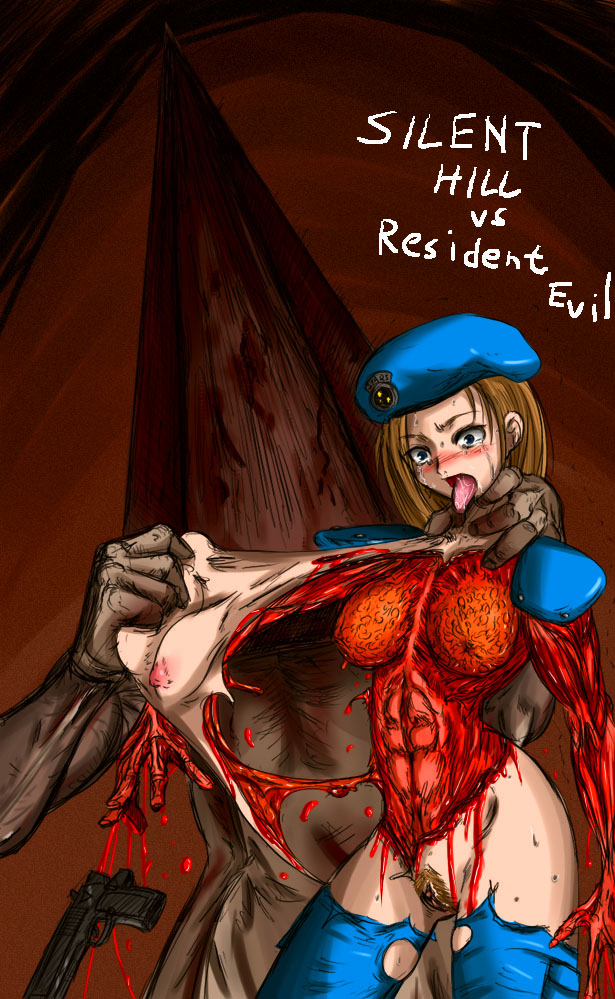 affront_to_nature avulsion beige_skin bleeding blood blood_stain blue_eyes blush breasts brown_hair female firearm flayed flaying gore gun guro hair handgun hat human injury jill_valentine jill_valentine_(julia_voth) male mouth muscle open_mouth parody pistol pubic_hair pyramid_head resident_evil silent_hill silent_hill_2 skin skinning spec_(artist) still_alive tongue tongue_out torn_clothing vulva weapon wound