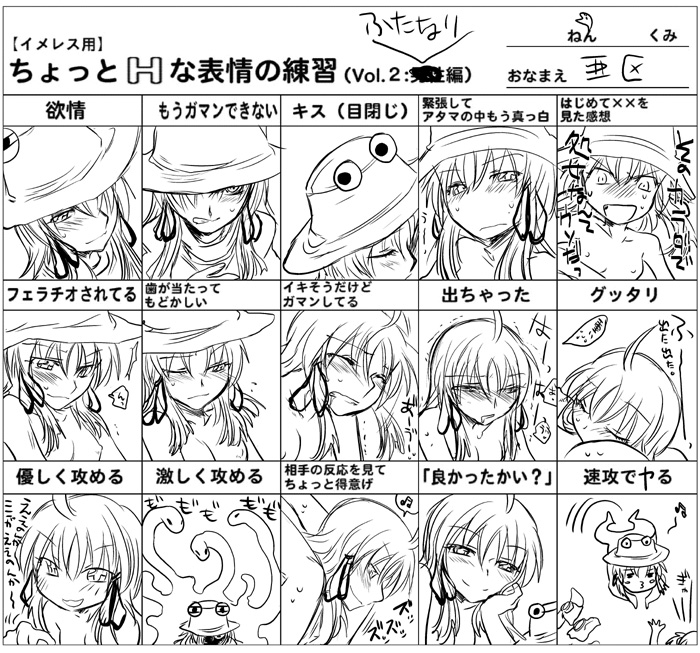 chart expressions eyes flat_chest futanari hat intersex lupin_dive monochrome nipples nude short_hair suwako_moriya touhou translated