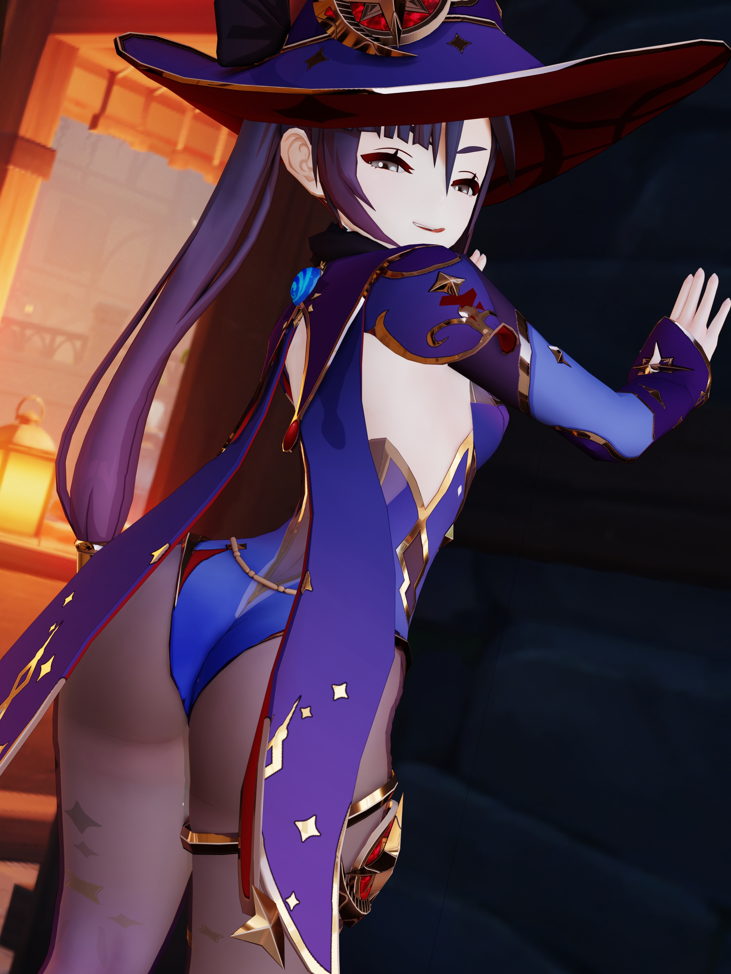 3d, 3dimmanimations, ass, ass focus, back, breasts, female, genshin impact, hat, high resolution, huge ass, long hair, looking at viewer, looking back, mona (genshin impact), naughty face, nipples, pale skin, purple hair, pussy, skin tight, small breasts, thighs, tied hair, twintails, undressing, vagina, very high resolution, wide hips