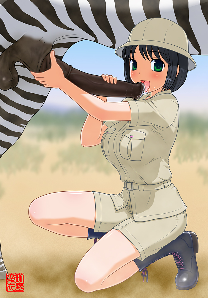 zoophilia fellatio hat machino_henmaru oral penis safari_hat safari_jacket zebra zoophilia