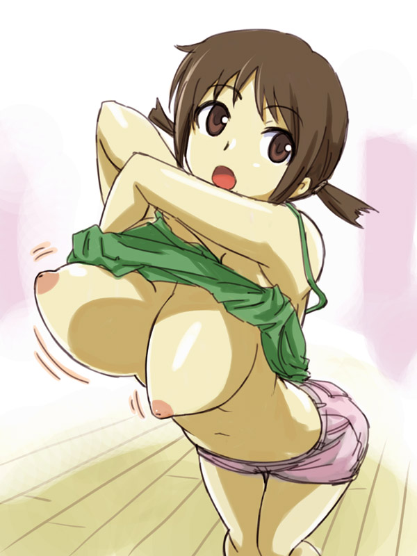 breasts brown_hair camisole hair hinako issho_ni_training large_breasts michael_f91 nipples open_mouth short_hair shorts tied_hair twintails undressing