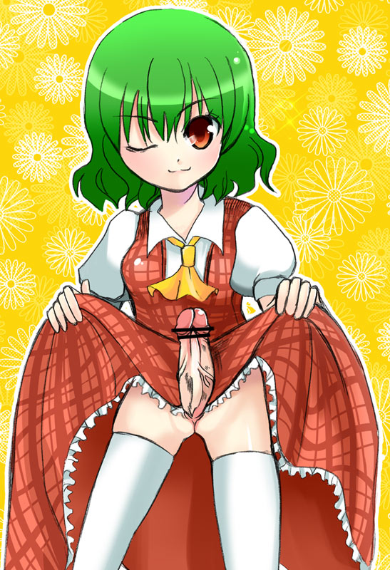 1futa 2010 censored futanari intersex legwear lifting_skirt no_humans penis solo_futa stockings takamoto_akisa team_shanghai_alice thighhighs touhou youkai yuuka_kazami