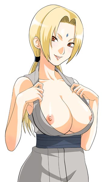 blonde_hair breasts female female_only human naruto nipples open_clothes open_shirt orange_eyes shinagawa_ham shirt solo straight_hair tsunade