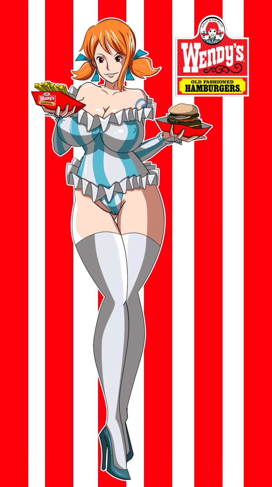 1girls, breasts, brown eyes, cleavage, clothing, erect nipples, female, female only, food, grimphantom, hamburger, high heels, nami (one piece), nipples, one piece, orange hair, pirate, pre-timeskip, stockings, thighhighs, wendy thomas (cosplay), wendy's
