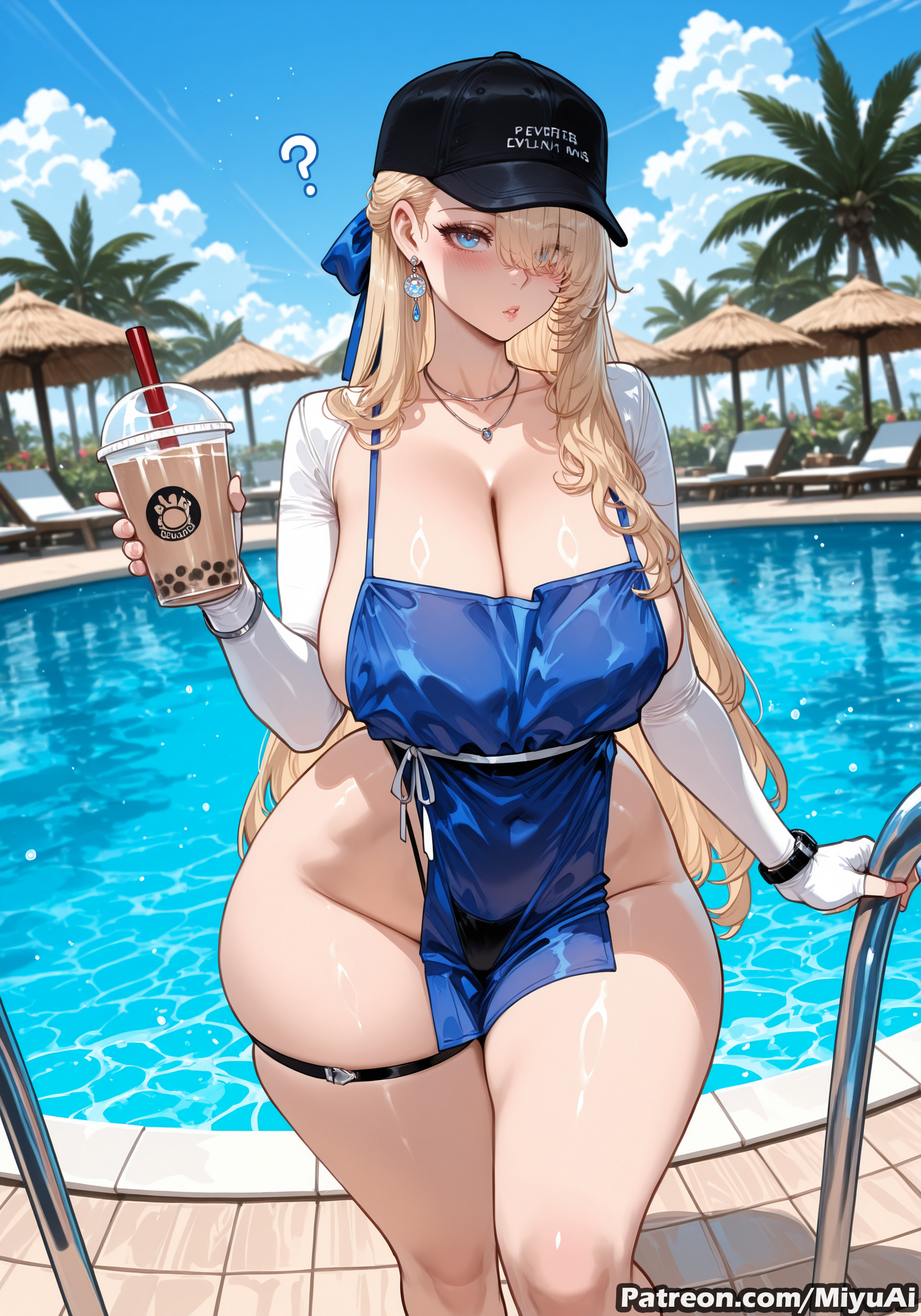 ?, 1girl, ai assisted, ai generated, bangs, beach, blonde hair, blue eyes, blue sky, blush, bracelet, breasts, brown dust (series), brown dust 2, cleavage, cloud, curvaceous, curvy, curvy female, curvy figure, day, earrings, eyebrows visible through hair, female, hat, huge breasts, jewelry, long hair, looking at viewer, miyuai, mole, mole under eye, necklace, ocean, outdoors, palm tree, pool, shore, sky, solo, thick, thick ass, thick butt, thick hips, thick legs, thick thighs, thighs, tree, voluptuous, voluptuous female, water, wide hips, wide thighs, wilhelmina (brown dust)