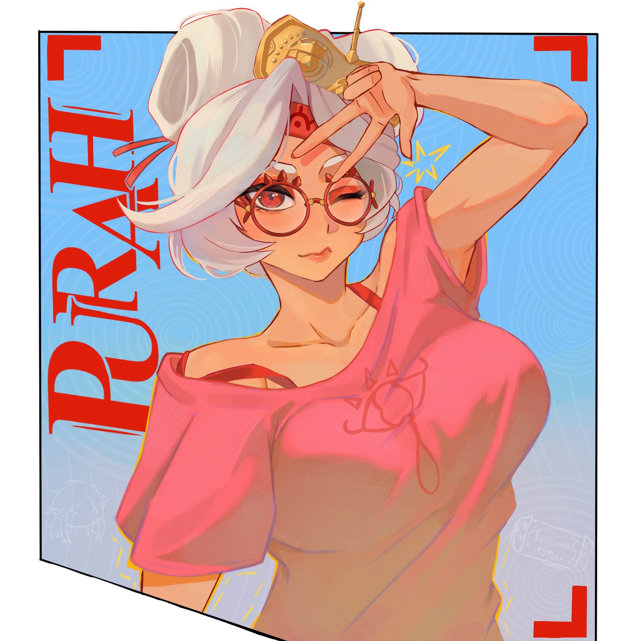1girl, bare shoulders, big breasts, bra, breasts, character name, collarbone, commentary, eye symbol, eyeshadow, fellcavte, glasses, hair bun, hair ornament, hair stick, headband, highres, large breasts, looking at viewer, makeup, nintendo, one eye closed, purah, purah (tears of the kingdom), red bra, red eyes, red eyeshadow, red headband, red shirt, red-framed eyewear, round eyewear, sheikah, shirt, short hair, short sleeves, solo, t-shirt, tears of the kingdom, the legend of zelda, the legend of zelda: tears of the kingdom, underwear, updo, upper body, v, white hair