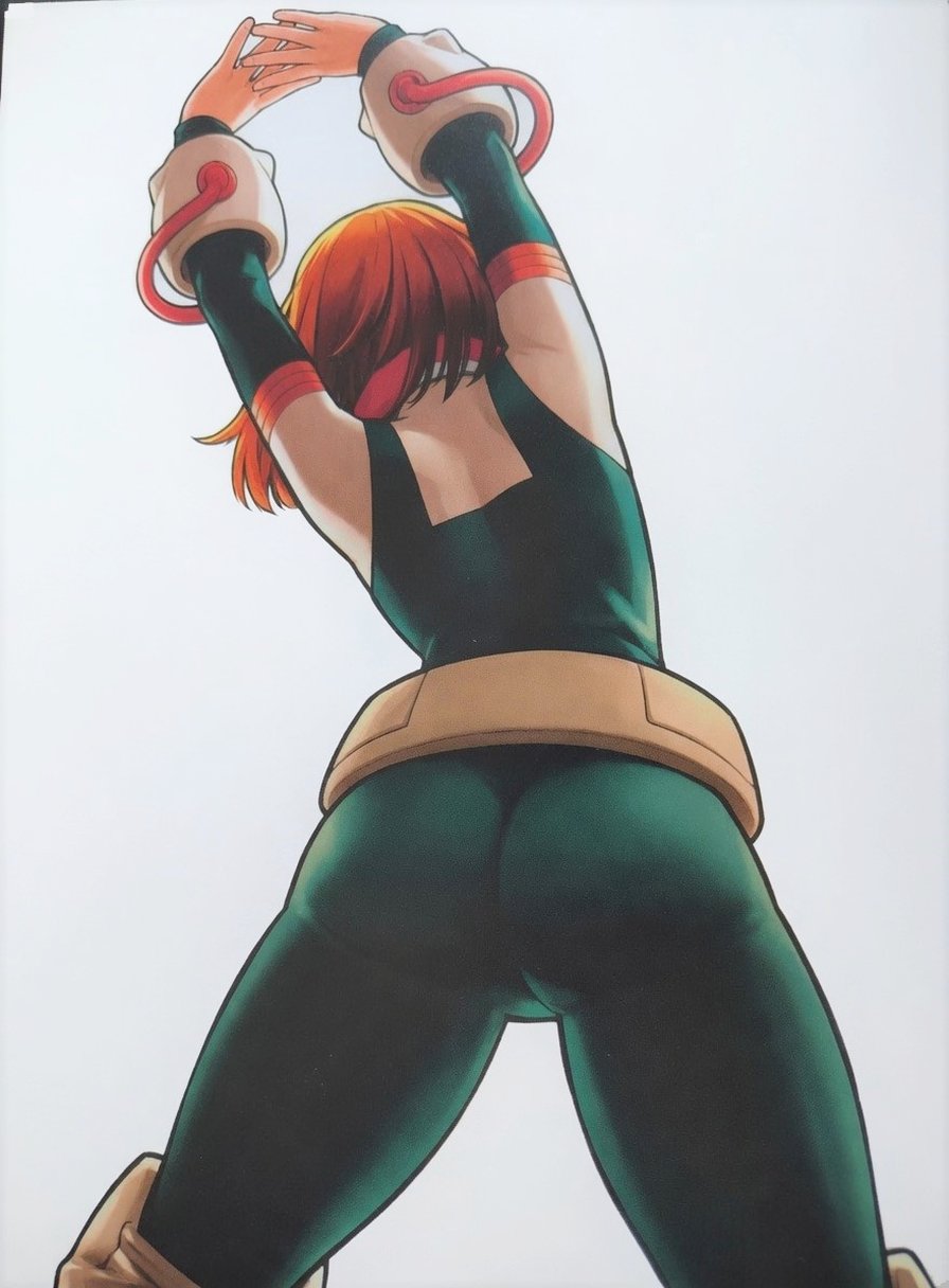 1girls, alternate version available, artist request, ass, back view, big ass, big breasts, boku no hero academia, breasts, brown eyes, brown hair, bubble butt, female, female only, form fitting, hero outfit (mha), huge ass, light-skinned female, looking back, my hero academia, ochako uraraka, plain background, shonen jump, short hair, solo, stretching, teenager, thick ass, thick thighs, tight clothing, watermark
