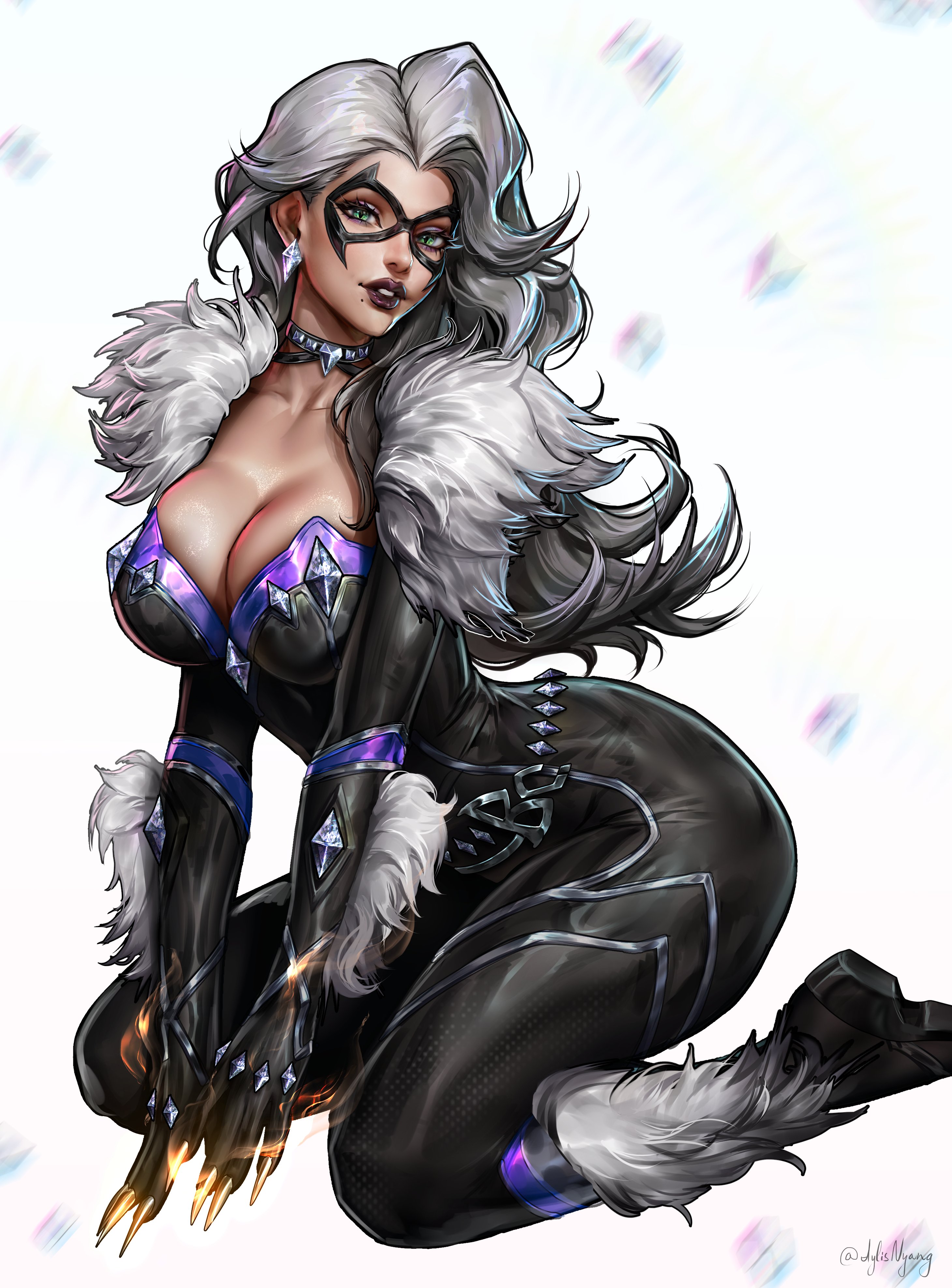 1girls, 2026, 2d, alluring, aylis nyan, big breasts, black cat (marvel rivals), black cat (marvel), bodysuit, breasts, bursting breasts, choker, clothed, collar, curvaceous, curvaceous body, curvaceous female, curvaceous figure, curvaceous hips, curvy, curvy body, curvy female, curvy figure, curvy hips, domino mask, earrings, enticing, eyemask, felicia hardy, female, female only, fully clothed, green eyes, hips, huge breasts, juicy lips, large breasts, looking at viewer, marvel, marvel comics, marvel rivals, mask, masked, masked female, massive breasts, purple lipstick, seducing, seductive, seductive look, seductive pose, shiny lips, skin tight, solo, spider-man (series), superheroine, teasing, teasing viewer, temptation, tempting, tempting viewer, thick, thick breasts, thick hips, thick lips, thick thighs, tight clothes, tight clothing, voluptuous, voluptuous female, white background, white fur, white hair, wide hips