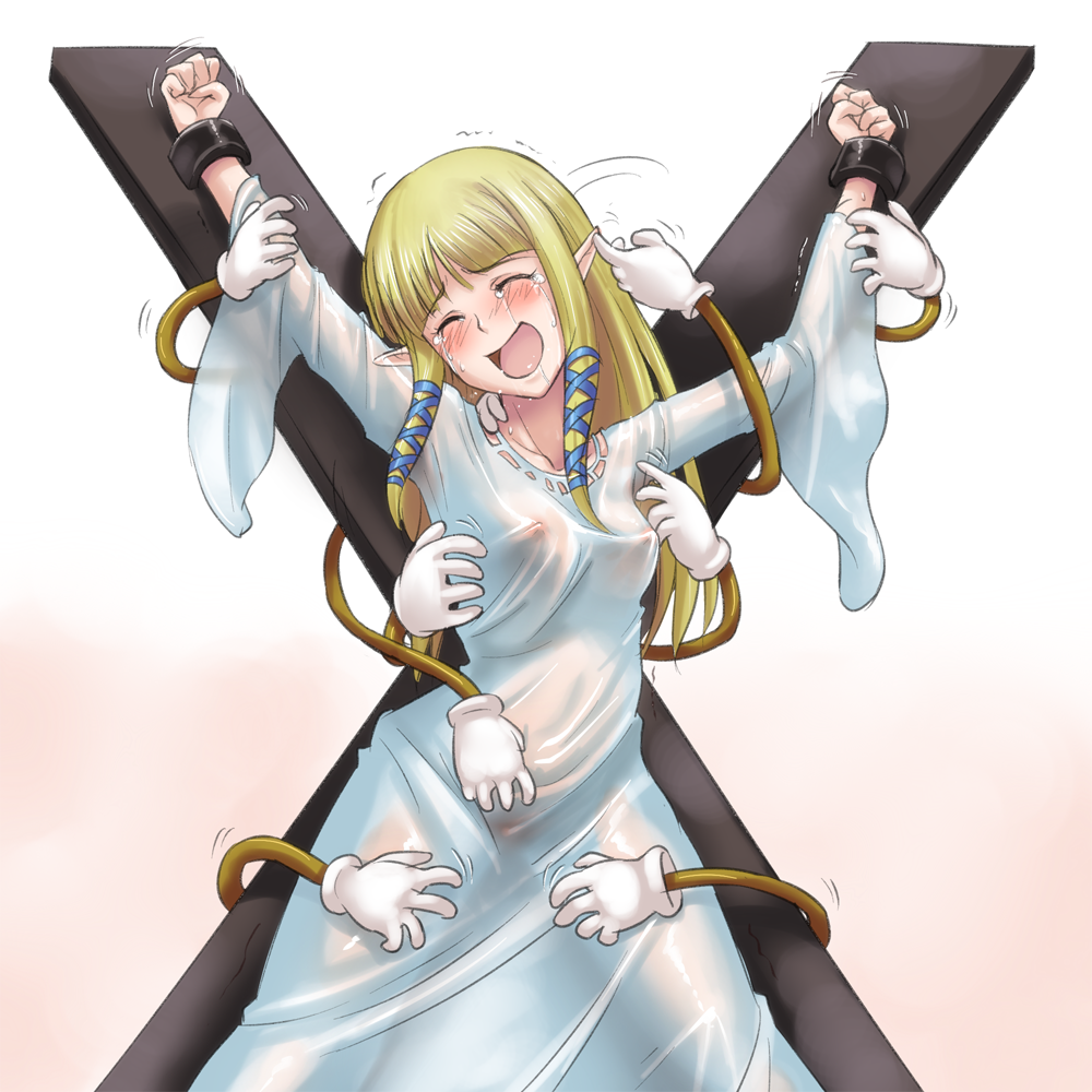 1girls ardnades blonde_hair blush bondage bound closed_eyes cross dress erect_nipples long_hair nintendo nipples no_bra no_panties open_mouth pointy_ears princess_zelda see-through skyward_sword smile tear tears tease the_legend_of_zelda tickle_torture tickling tickling_armpits zelda_(skyward_sword)