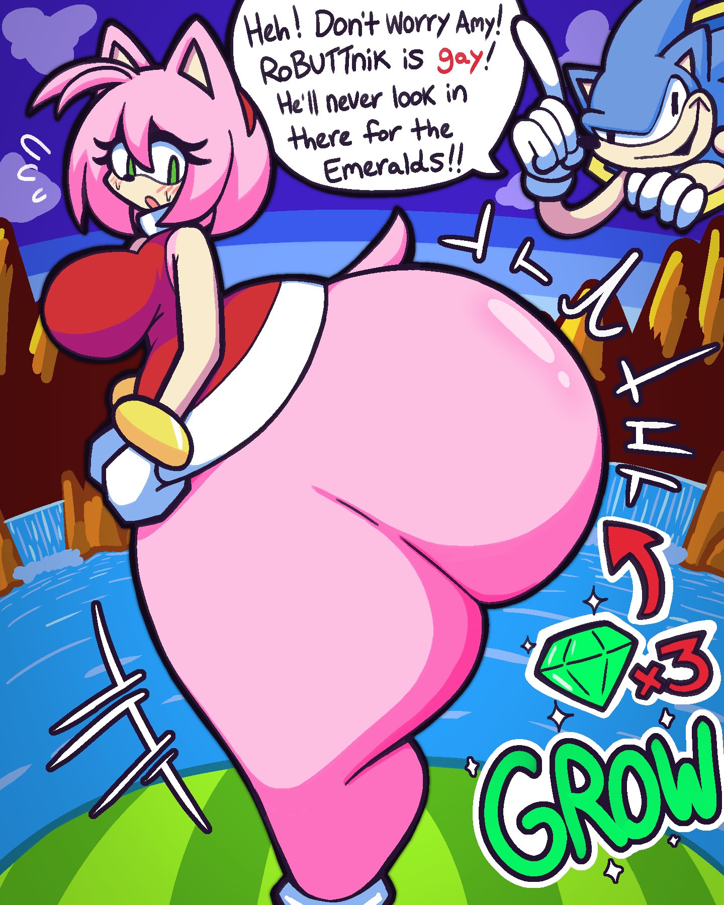 amy rose, anthro, ass, ass bigger than body, ass bigger than head, ass bigger than torso, ass expansion, ass focus, ass shelf, big ass, big breasts, bubble butt, butt expansion, chaos emerald, dumptruck ass, dumptruck butt, embarrassed, fat ass, gensin, gigantic ass, green eyes, hedgehog, huge ass, hyper ass, large ass, massive ass, sonic (series), sonic the hedgehog, sonic the hedgehog (series), thick ass, thick legs, thick thighs, thunder thighs, wide ass