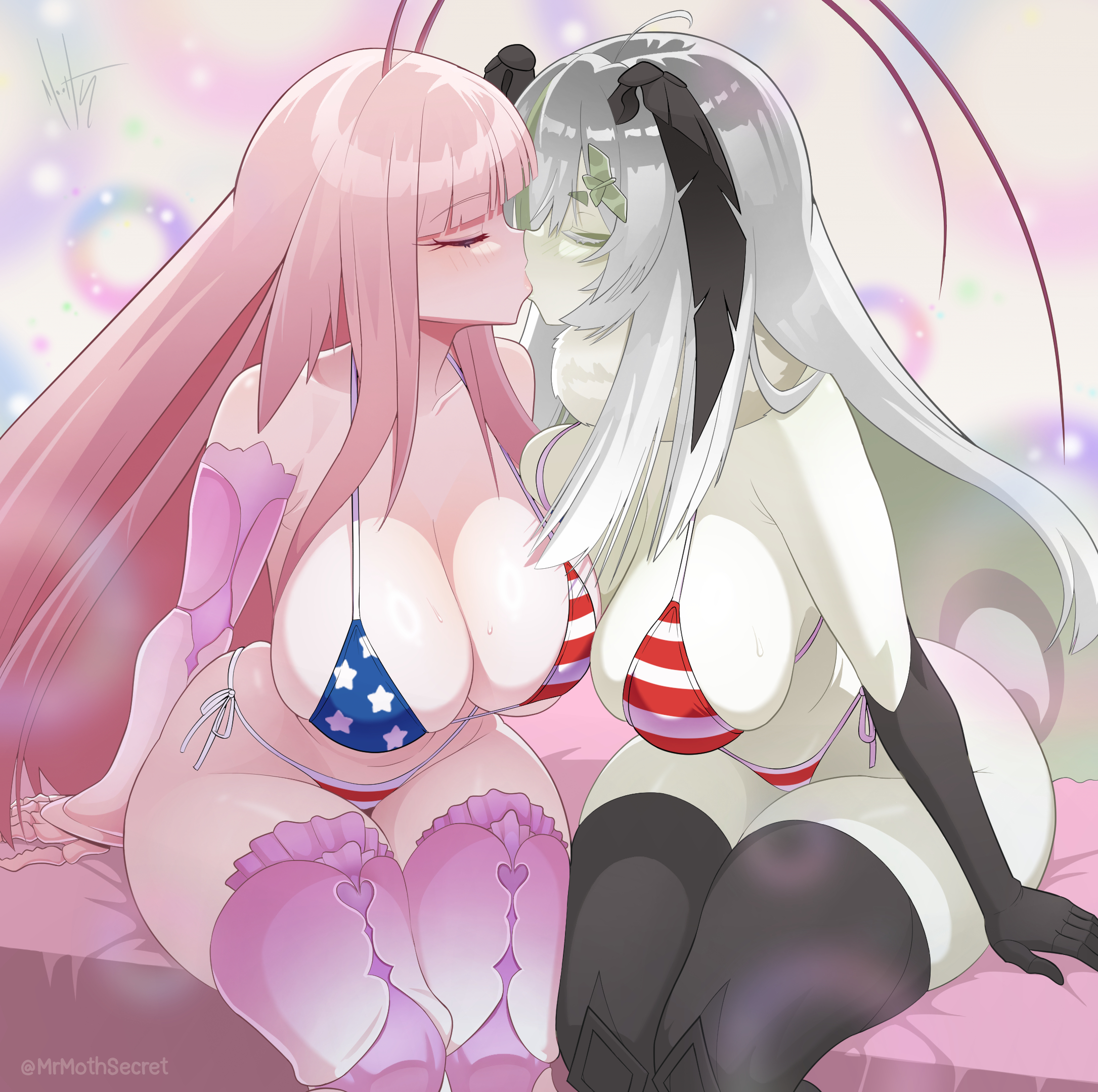 2d, 2girls, american flag bikini, big breasts, bikini, breasts, female, female only, female/female, indie virtual youtuber, insect girl, juniper (egocider), juniper actias, kiss, kissing, lesbian kiss, lesbians, matara kan, mrmothsecret, tagme, virtual youtuber, yuri