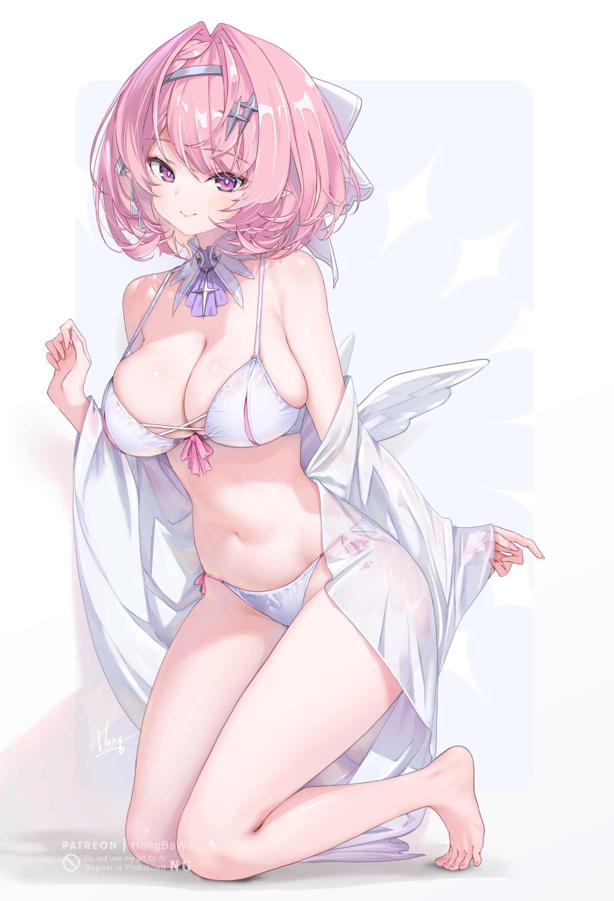 1girls, big breasts, breasts, breasts out, exposed breasts, female, hoyoverse, large breasts, lingerie, long hair, mihoyo, pink eyes, pink hair, remielle (zenless zone zero), remielle dan, white lingerie, white wings, wings, zenless zone zero
