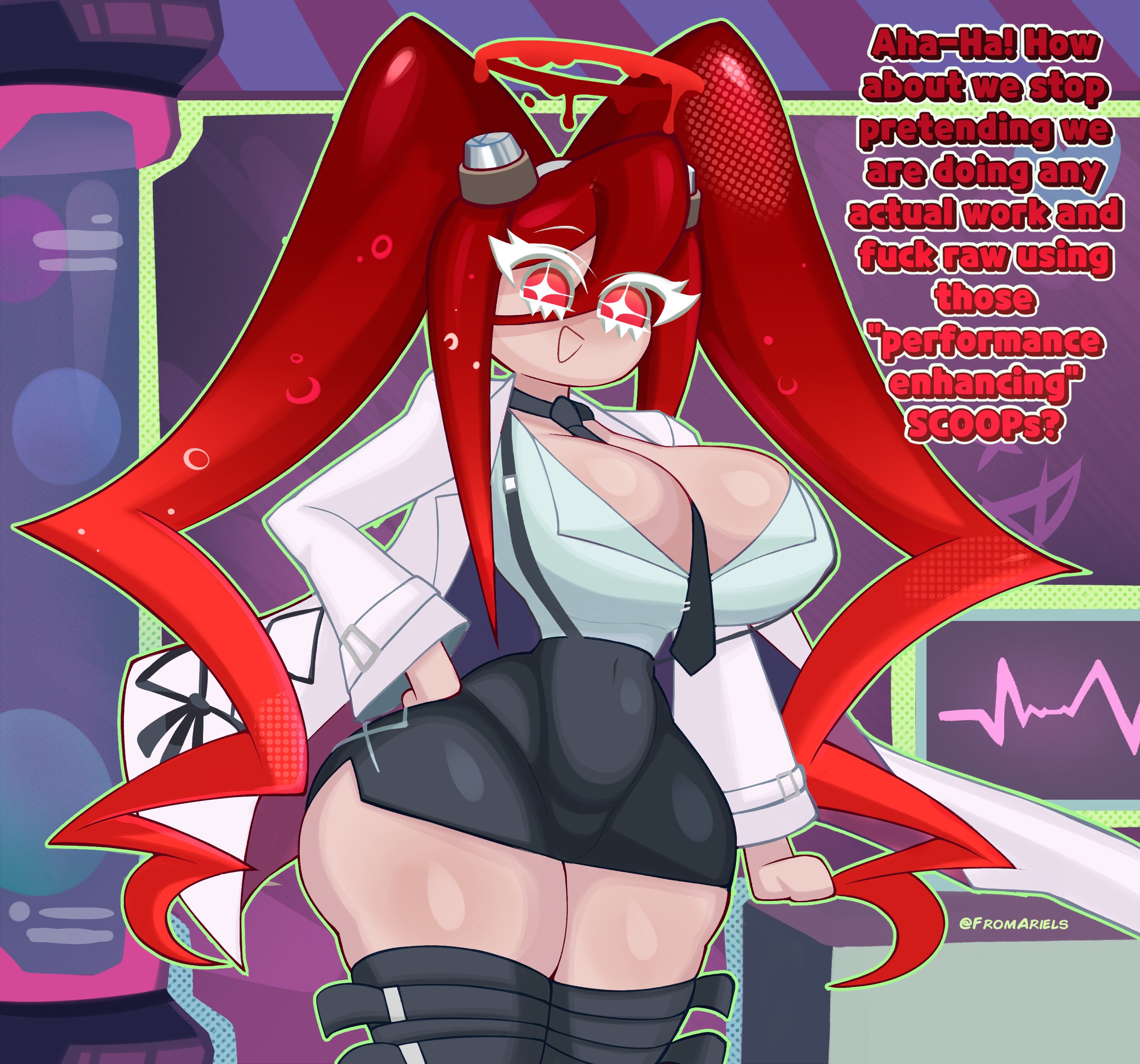 1girls, artist name, artist signature, asking for sex, boob window, breasts, child bearing hips, cleavage, clothed, cookie run, cookie run kingdom, detailed background, dialogue, fromariels, hand on hip, hourglass figure, large breasts, necktie, necktie between breasts, povidone iodine cookie, revealing clothes, scientist, talking to viewer