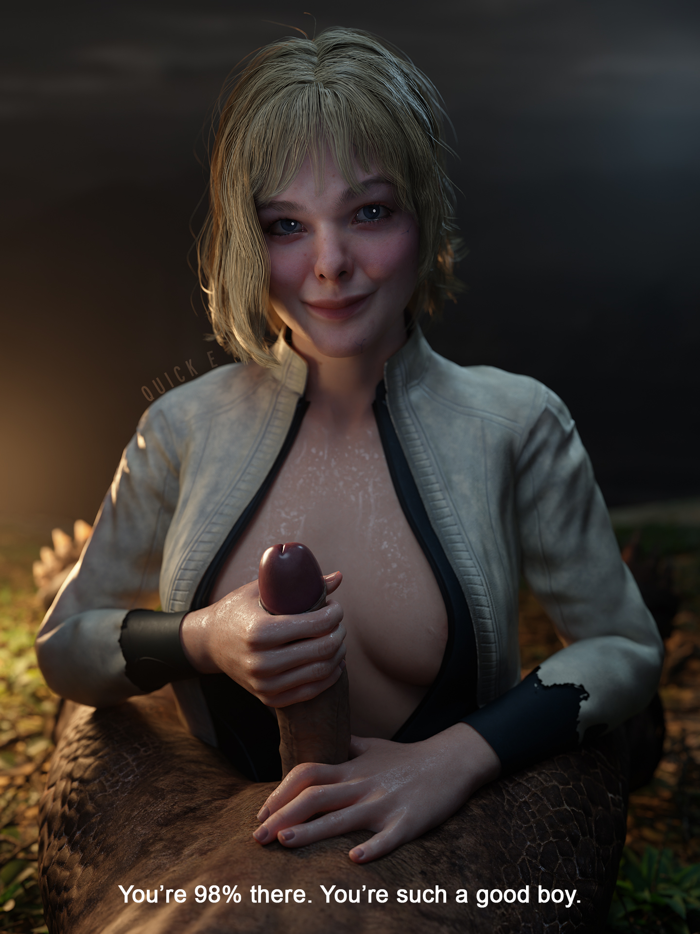 1boy, 1boy1girl, 1girls, 3d, 3d (artwork), alien (franchise), alien boy, android, android girl, blonde hair, blue eyes, breasts, dark penis, dek (predator badlands), dialogue, duo, english text, female, handjob, hetero, human, human female, human on alien, humanoid penis, interspecies, looking at viewer, male pov, medium breasts, monster boy, no bra, open clothes, penis, pov, predator (franchise), predator badlands, quick e, subtitled, text, thia, xenophilia, yautja