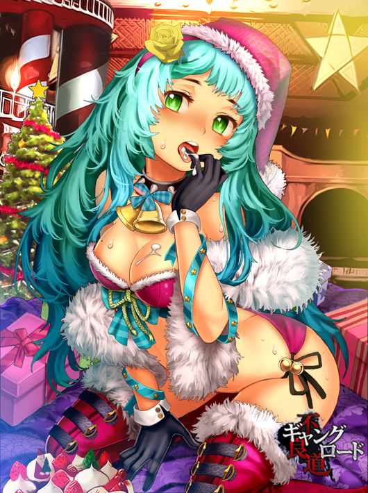 1girls aqua_hair bare_shoulders bell black_gloves blush boots breasts christmas christmas_tree cream female female_only flower furyou_michi_~_gang_lord furyou_michi_~gang_road~ gift gloves green_hair hair_flower hair_ornament hat long_hair looking_at_viewer open_mouth santa_hat sitting solo star thigh_boots thighhighs title_drop xil