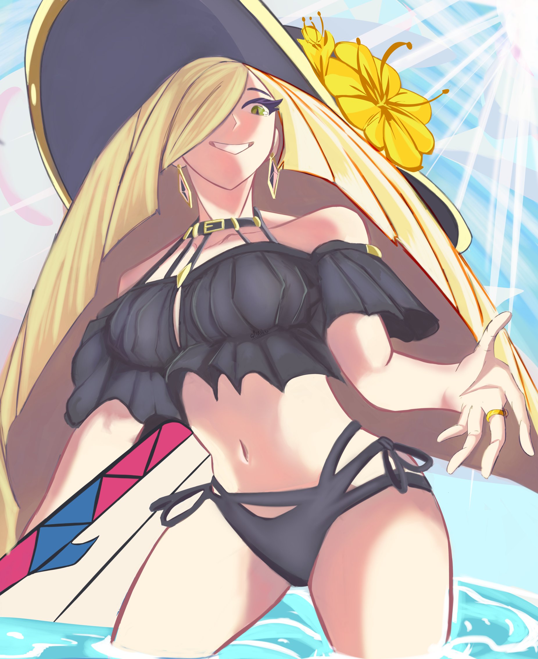 1girl, artist request, bikini, black bikini, breasts, buckle, collar, earrings, game freak, green eyes, hair over one eye, highres, jewelry, long hair, lusamine (pokemon), mature female, nintendo, ocean, pokemon, pokemon sm, pokemon sun and moon, ring, smile, solo, swimsuit, very long hair, water