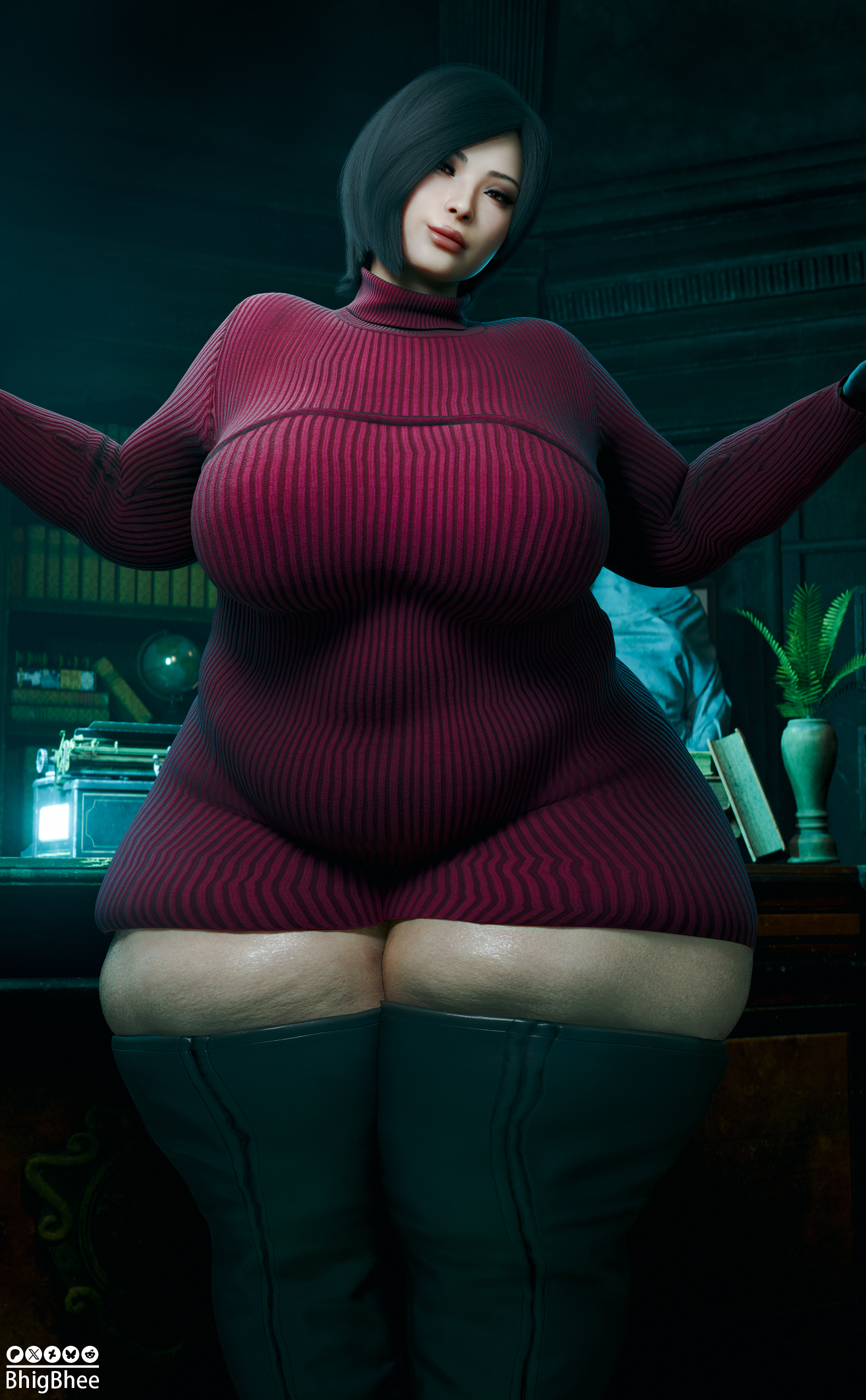 1girls, 3d, ada wong, belly, bhigbhee, big breasts, chubby, chubby female, huge breasts, looking at viewer, resident evil, resident evil 4, resident evil 4 remake, thick thighs, voluptuous, voluptuous female