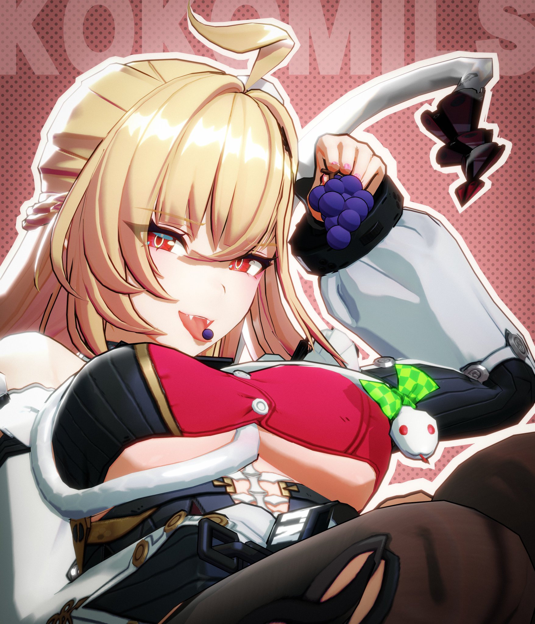 1girls, blonde hair, breasts, cissia (zenless zone zero), eating, eating grapes, fangs, female, female only, grapes, kemonomimi, kokomils, large breasts, long hair, long tail, looking at viewer, pale skin, pale-skinned female, red eyes, sharp teeth, side ponytail, snake, snake girl, snake tail, underboob, zenless zone zero