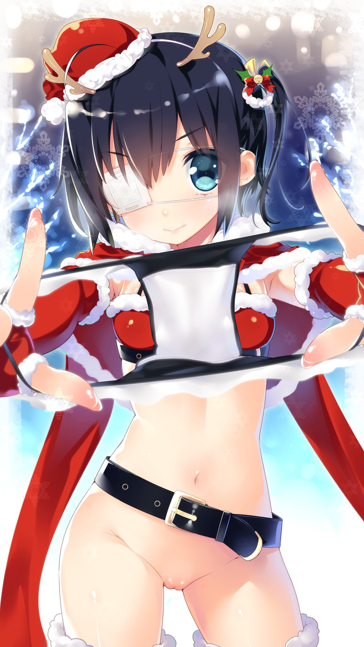 >:) ahoge alternate_costume antlers bell belt black_hair blue_eyes blush christmas chuunibyou_demo_koi_ga_shitai! elbow_gloves eye_patch female fingerless_gloves foreshortening gloves hat highres holding holding_panties lips looking_at_viewer navel panties panties_removed pussy santa_hat show_(rinnetenshow) side_ponytail smile solo takanashi_rikka thighhighs uncensored underwear