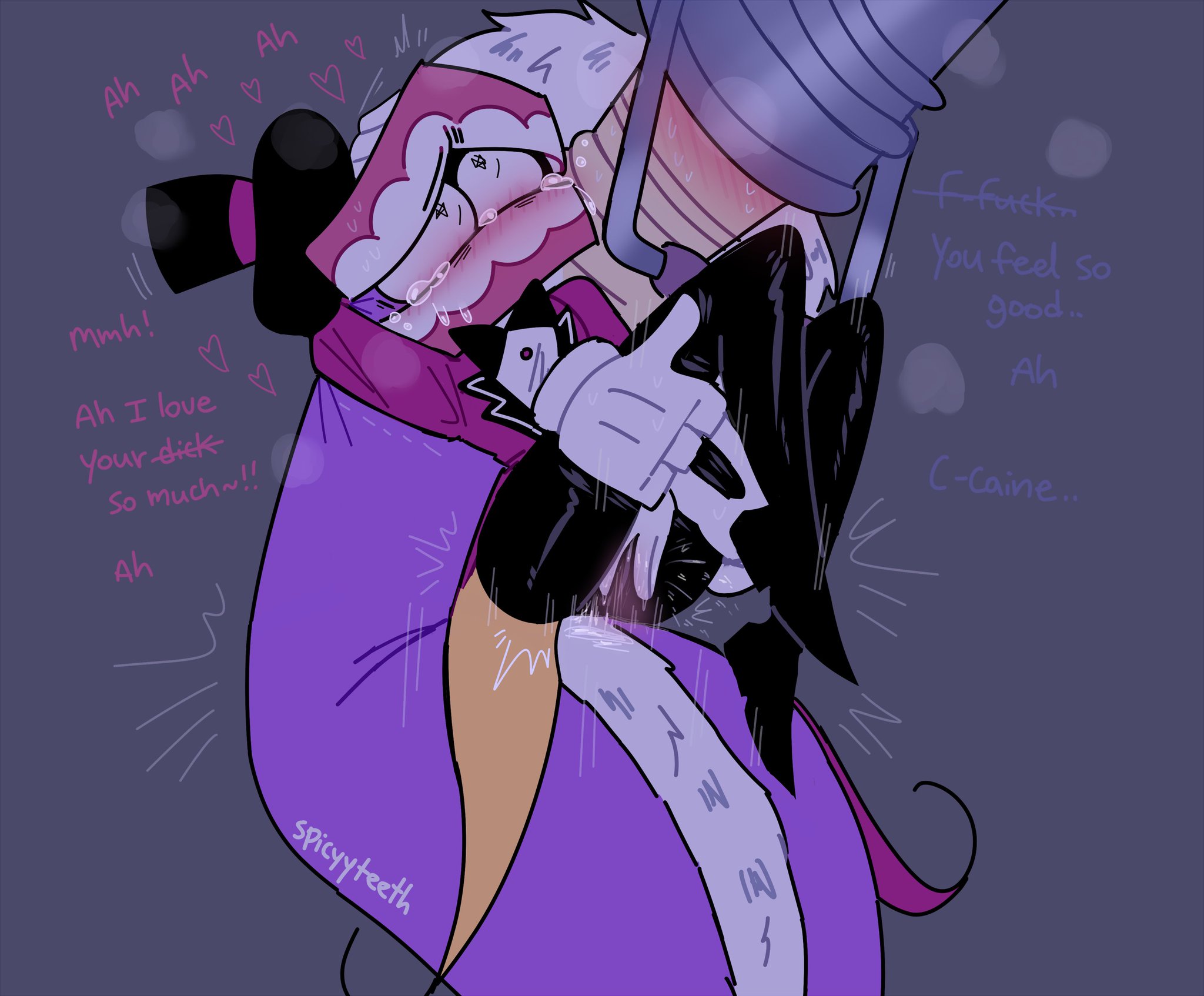 2boys, ambiguous penetration, blush, caine (the amazing digital circus), crying, grabbing, kinger (the amazing digital circus), size difference, spicyyteeth, the amazing digital circus, yaoi