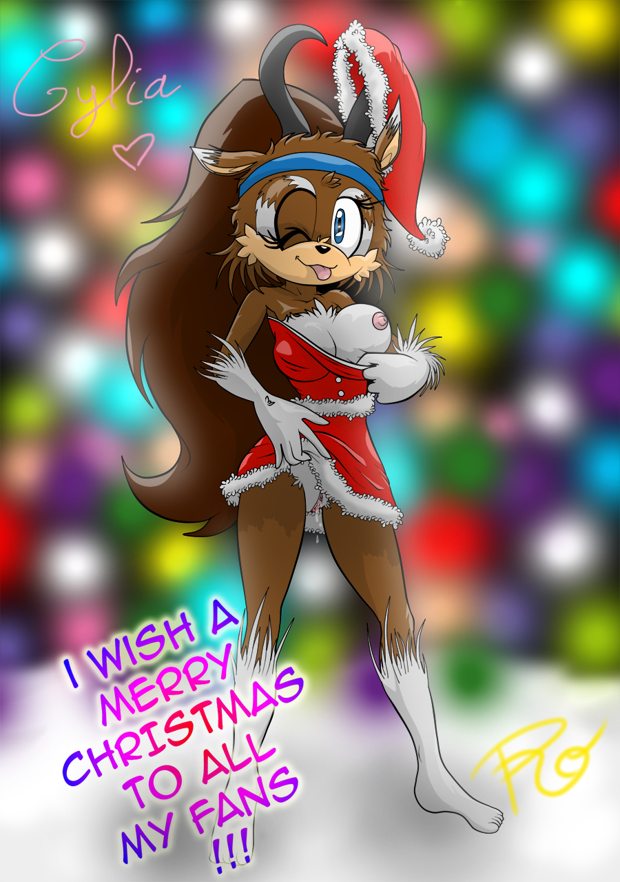 anthro areola big_breasts blue_eyes breasts brown_hair christmas cylia english_text erect_nipples female flashing hair hat heart holidays horn long_hair looking_at_viewer nipples pussy pussy_juice santa_hat smile text tongue tongue_out unknown_species wet zerbukii