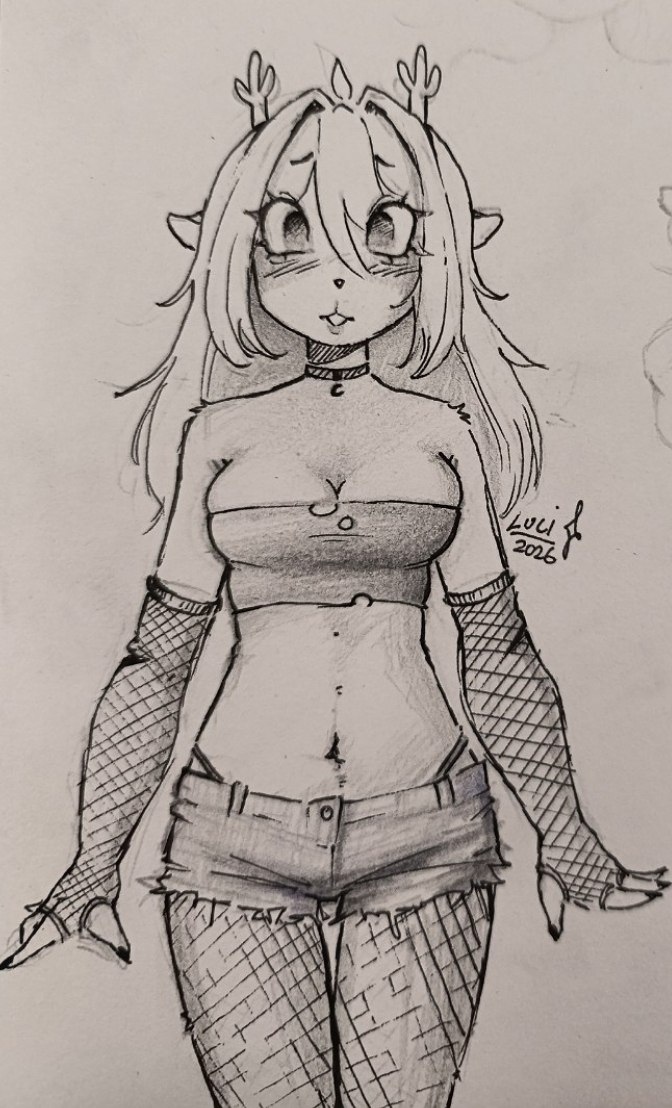 blush, deltarune, goth girl, looking at viewer, luci star, mostly clothed, no bra, noelle holiday, sketch, solo, watermark
