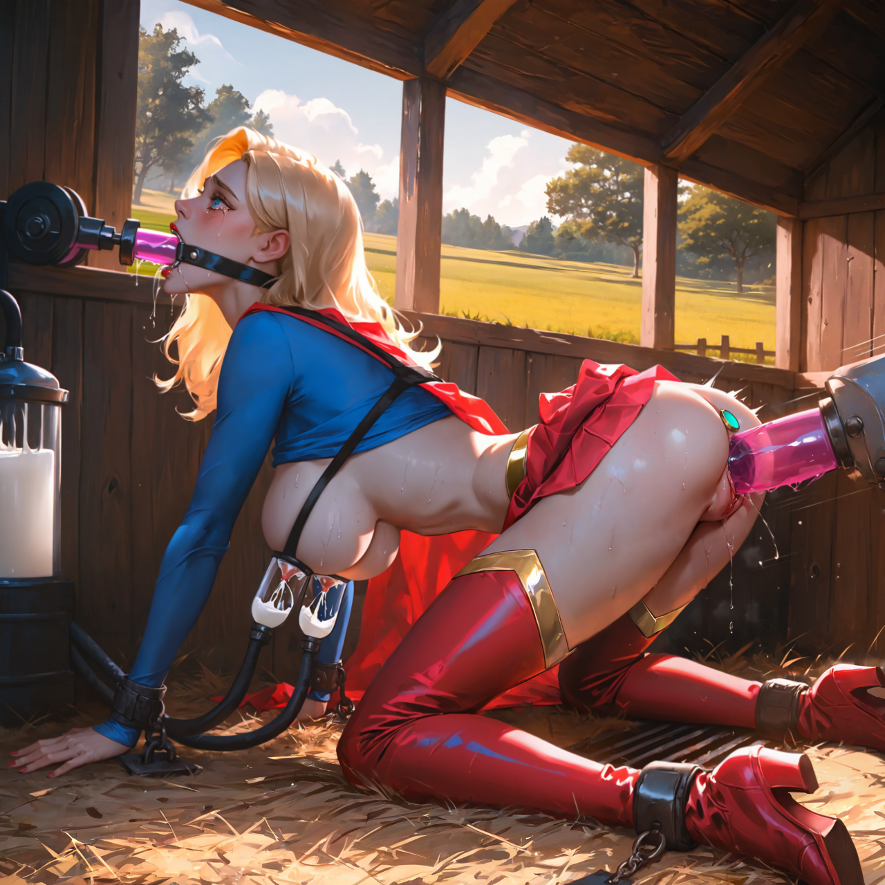 1girls, ai assisted, ai generated, all fours, anal object insertion, blonde hair, blue eyes, blue shirt, bondage, bound, bound ankles, bound wrists, butt plug, dc comics, defeated, farm, forced oral, heroine, hi res, kara zor-el, large breasts, milk, milking, milking machine, motion lines, pussy juice, red boots, red skirt, restrained, ring gag, saliva, self upload, sex machine, shirt lift, skirt lift, slave, spread legs, stable diffusion, stationary restraints, supergirl, superman (series), sweat, tacocatbox, tears, thigh boots, vaginal object insertion, wooden wall