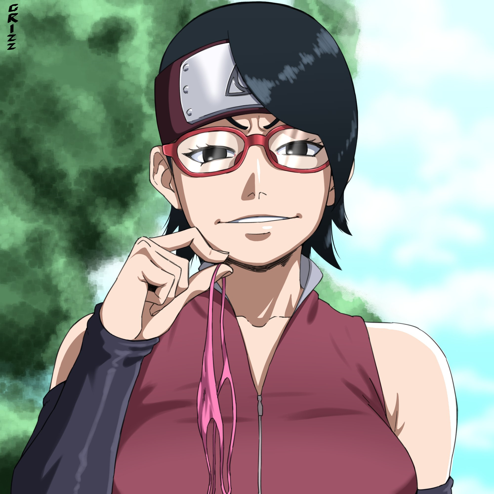 1girls, absurd res, absurd resolution, absurdres, aged up, aged up character, aged up female, arm warmers, armwear, bare shoulders, big breasts, bimbo, bimbofication, black eyes, black hair, boruto, boruto: naruto next generations, boruto:naruto next generations, busty, canon costume, canonical outfit, eye contact, eyelashes, forehead protector, g-string, glasses, grin, grinning, grinning at viewer, grizzlyart, headband, hi res, high resolution, highres, jacket, kunoichi, large breasts, light skin, light-skinned female, looking at viewer, narrowed eyes, naruto, naruto (series), nature, nature background, pale skin, pale-skinned female, panties, panties removed, parted lips, pink panties, pink thong, pov, pov eye contact, sarada uchiha, shonen jump, short hair, shounen jump, shueisha, sleeveless shirt, smug, smug face, smug grin, solo, solo female, teen, teen girl, teenage, teenage female, teenage girl, teenager, thong, tomboy, tree, uchiha sarada, undressing, very high resolution, voluptuous, voluptuous female, weekly shonen jump, weekly shounen jump