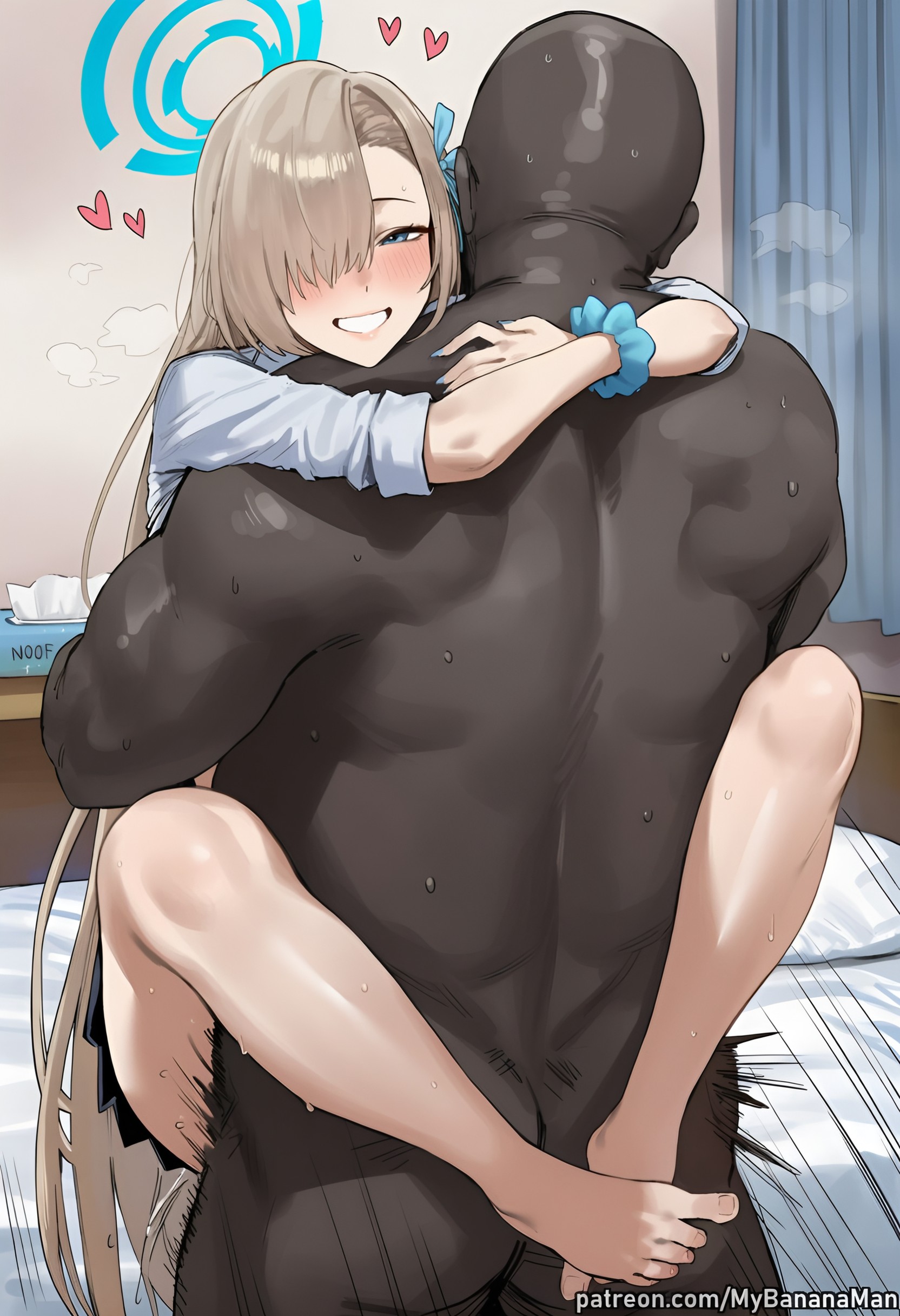 1boy, 1girl, ai generated, alternate breast size, asuna (blue archive), asymmetrical bangs, bald, barefoot, bedroom, blacked, blacked clothing, blonde hair, blue, blue archive, blue eyes, blush, breasts, cheating, clothed female nude male, clothed sex, cuckold, curvy, curvy female, curvy figure, dark skin, dark-skinned male, erect penis, fat male, feet, female, female focus, grin, hair over one eye, halo, heart, hetero, hug, huge breasts, huge cock, ichinose asuna, interracial, large breasts, large penis, leg lock, light brown hair, long hair, looking at viewer, male, massive breasts, mybananaman, netorare, ntr, nude, penis, school uniform, scrunchie, sex, shiny skin, shirt, skirt, smile, solo focus, suspended congress, sweat, sweaty, tissue box, toenails, toes, very dark skin, very long hair, white shirt, wrist scrunchie