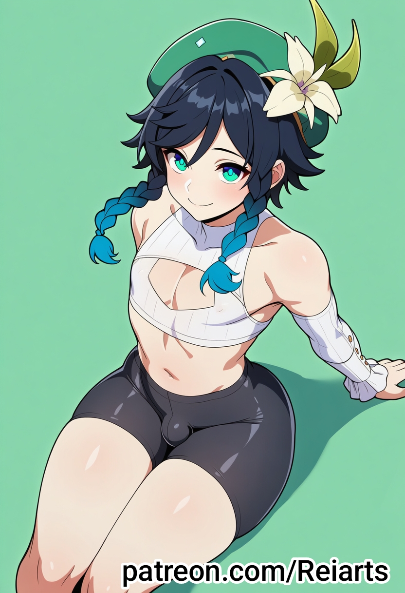 ai art, ai generated, androgynous, androgynous male, big ass, big balls, big butt, boy, erotic, femboy, femboy focus, from above, gay, gay male, looking at viewer, reiarts, sexy, sexy pose, shorts, sitting, venti (genshin impact)