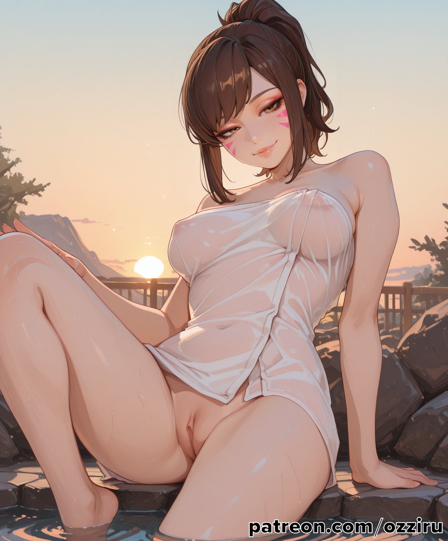 absurd res, ai generated, alternate version at source, alternate version available, blizzard entertainment, brown hair, cute, cute face, d.va, d.va (overwatch), day, daylight, daytime, female, female focus, hi res, highres, looking at viewer, looking pleasured, medium hair, onsen, onsen sex, outdoor nudity, outdoor sex, outdoors, outdoors sex, outside, outside sex, overwatch, overwatch 2, ozziru, patreon, ponytail, pussy, revealing clothes, seductive, seductive eyes, seductive look, seductive pose, see-through, see-through clothing, self upload, sexy, sexy body, sexy female, sexy pose, sidelocks, sitting, solo, solo female, solo focus, spread legs, submissive, submissive female, sunset, towel, towel only, uncensored, video game, video game character, video game franchise, video games, water