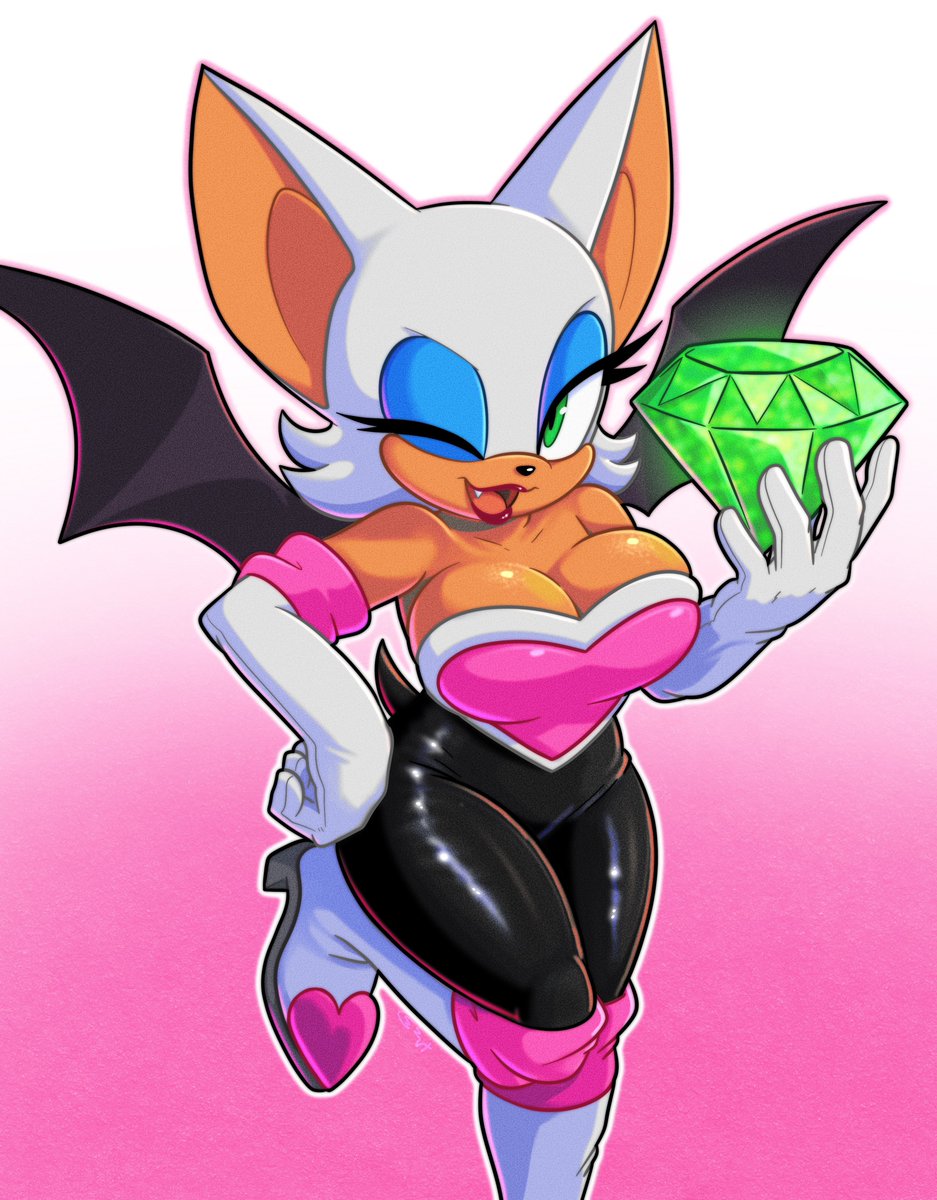 1girls, big breasts, chaos emerald, cleavage, clothed female, latex, looking at viewer, roboticsteve, rouge the bat, sonic (series), wink, winking at viewer