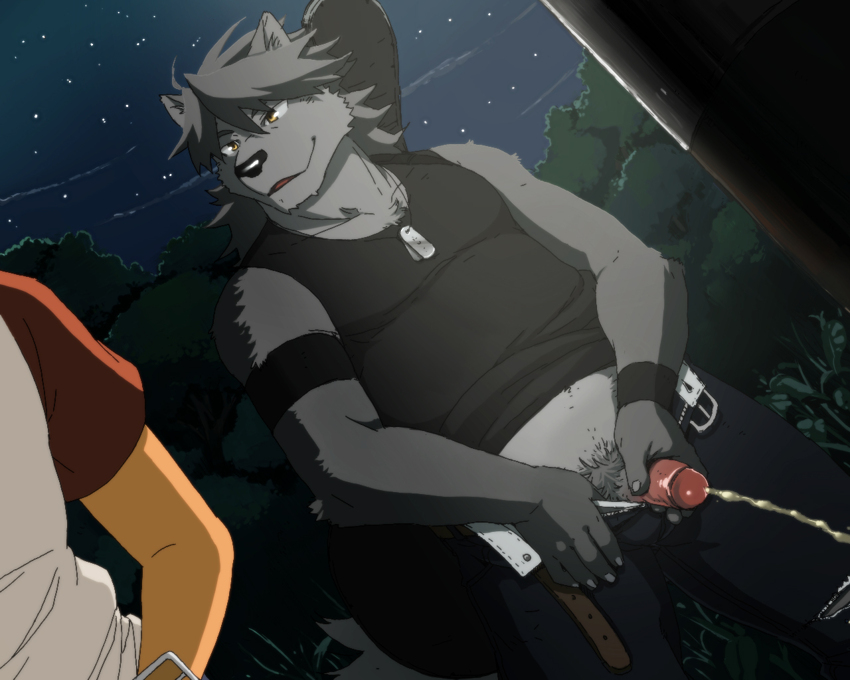 anthro belt canine chains fur furry hair hairy husky jeans kouya kouya_aotsuki male morenatsu muscles necklace peeing penis sex smirk top unknown_artist unzipped urine wolf