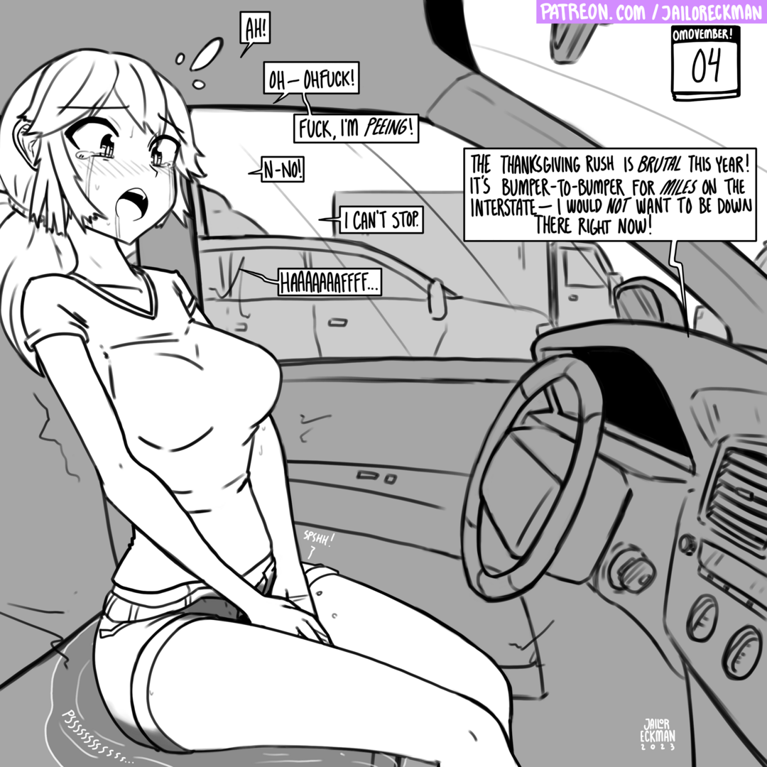 1girls, car interior, crying, english text, jailor eckman, medium breasts, open mouth, original, original character, peeing, peeing self, short shorts, thighs, traffic jam, urinating female, urination
