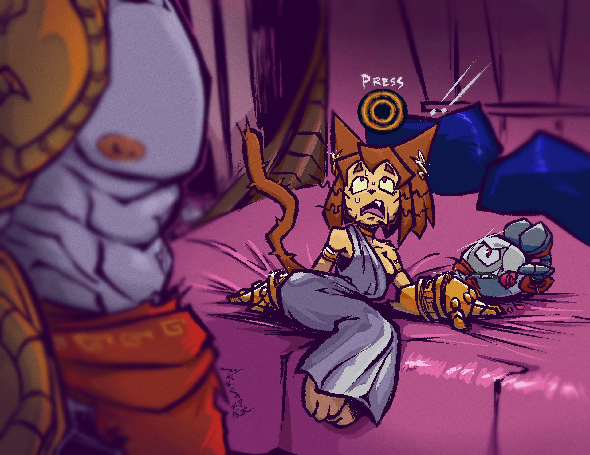 anthro, anthro female, anthrofied, brown fur, brown hair, crossover, feline, female, fur, furry, furry female, gameoverse, glitch productions, god of war, kaboodle (gameoverse), kit (gameoverse), kit bodega, kratos, male, male/female, mrguardianeye (artist)