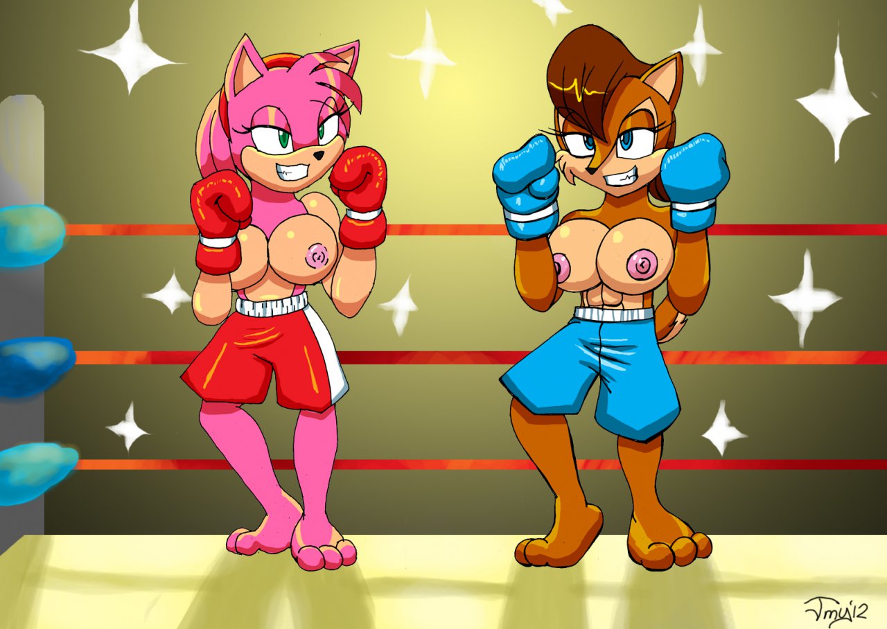 2girls abs amy_rose anthro anthro_only barefoot big_breasts blue_boxing_gloves blue_eyes blue_gloves blue_shorts boxing boxing_gloves boxing_ring boxing_shorts breasts brown_fur brown_hair clothing color curvy duo exposed_breasts eyes_visible_through_hair feet female female_only fur furry gloves green_eyes hairband half-closed_eyes hedgehog interspecies jmynstyx light_blue_boxing_gloves light_blue_gloves light_skin mostly_nude multiple_females nipples pink_fur pink_hair pink_nipples red_boxing_gloves red_gloves red_hairband red_shorts sally_acorn sega short_tail shorts showing_teeth sonic_(series) sonic_the_hedgehog_(series) squirrel tail teeth topless topless_boxing wide_hips