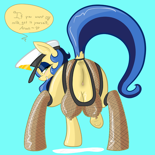 anus ass big_breasts big_crotchboobs blue_hair blush breasts crotchboob crotchboobs english_text equine female green_eyes hair half-closed_eyes horse looking_back milky_way_(character) milky_way_(mlp) milky_way_(oc) my_little_pony non-human_areolae non-human_bra pony pussy stockings text two_tone_hair