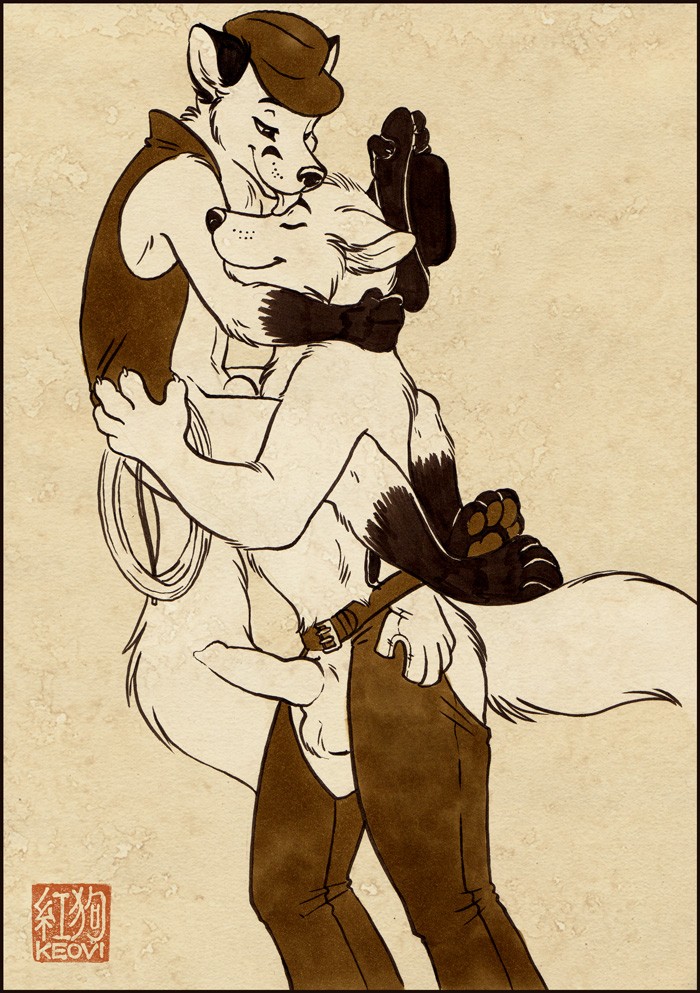 anthro assless_chaps balls belt bottomless canine cowboy erection fox fur furry furry_only gay gloves half-dressed hat keovi licking male no_humans penis rope sheath tongue wolf