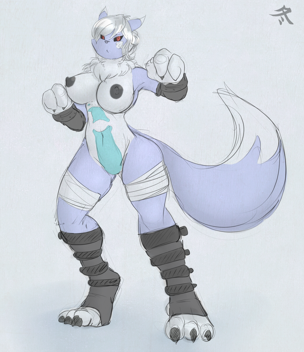 3_fingers anthro bandage breasts color deskai digimon female female_only fur furry hair nipples red_eyes renamon solo standing tagme tail wyntersun