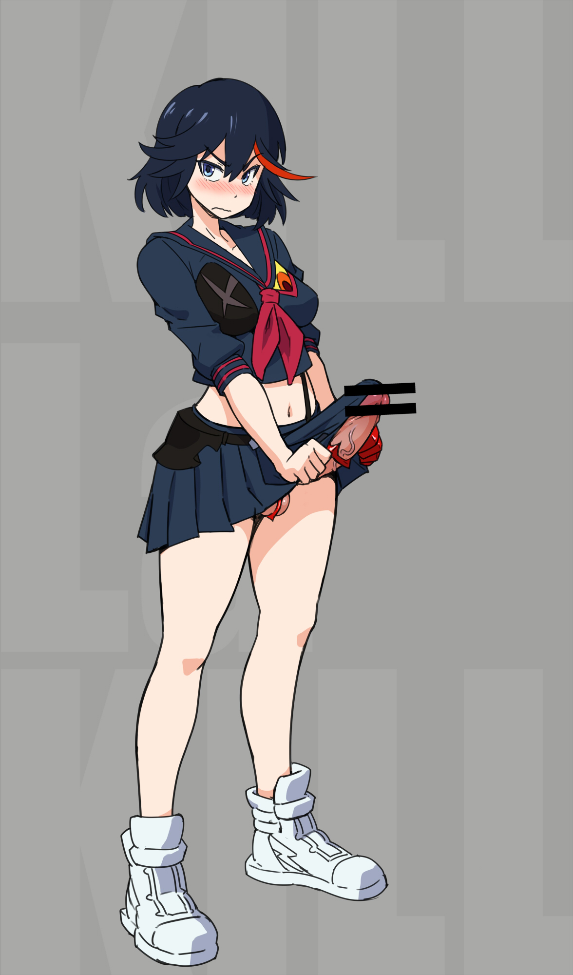 1futa, balls, blue eyes, blush, censored, dickgirl, erection, female, futa only, futanari, intersex, intersex only, kill la kill, matoi ryuuko, mikoyan, penis, penis under skirt, school uniform, senketsu, serafuku, short hair, skirt lift, sneakers, solo, solo futa, suspenders, tenting, testicles, tomboy, two-tone hair