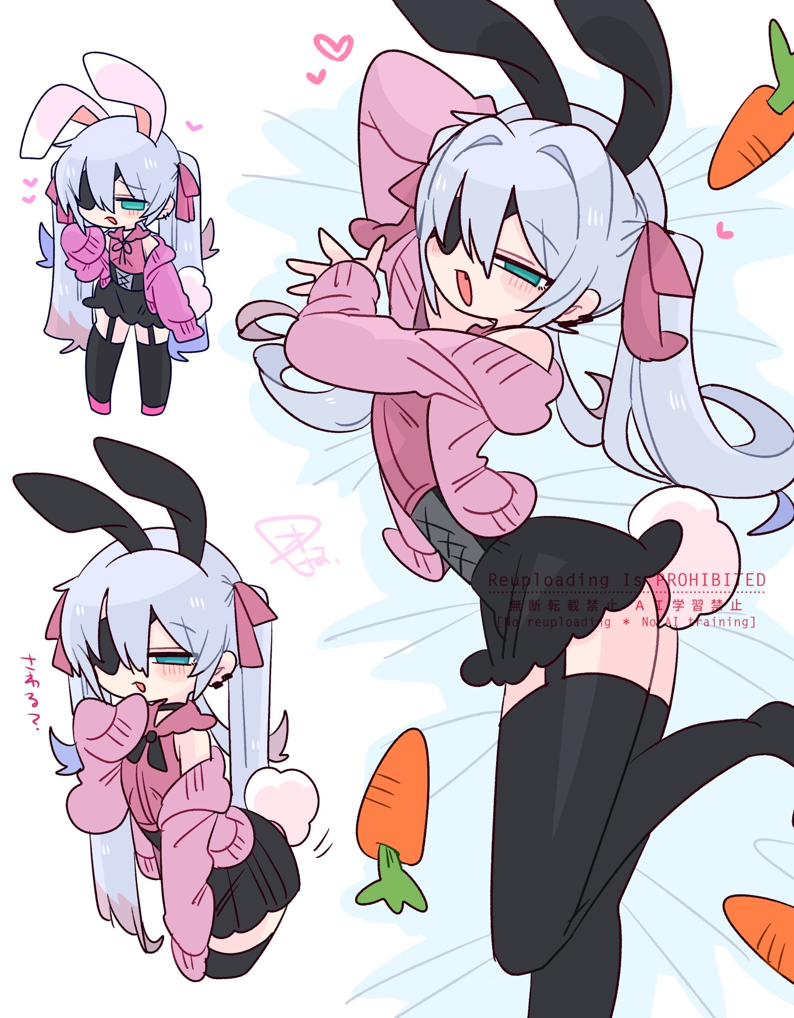 ass, big ass, blue eyes, blue hair, bunny ears, bunny tail, bunnysuit, femboy, green eyes, male, op na ura, pink hair, ribbon, skirt, thighs, twintails