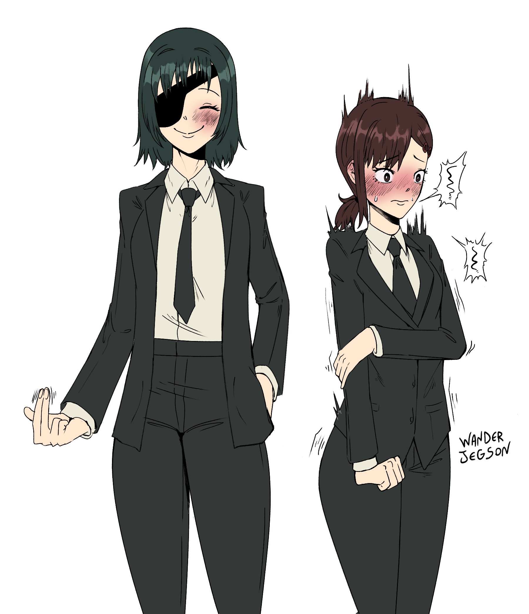 blush, chainsaw man, female, fully clothed, ghost devil (chainsaw man), ghost hands, higashiyama kobeni, himeno (chainsaw man), shaking, smile, suggestive gesture, tagme, wanderjegson