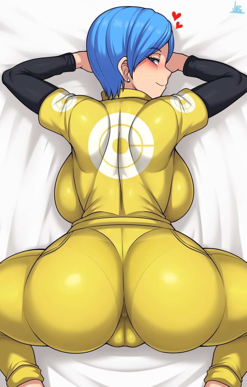 1girls, ass, blue hair, blush, bubble ass, bubble butt, bulma briefs, dragon ball, dragon ball super, female, female only, jmg, looking at viewer, pussy, pussy outline, pussy peek, seductive
