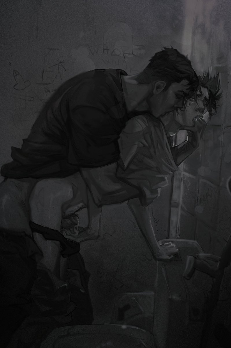 2boys, 2d (artwork), arcane, arcane jayce, arcane viktor, bathroom, bathroom sex, bathroom stall, behind another, big penis, black and white, clothed sex, clothing, drool on face, drooling, finger in mouth, fucking, gay, gay male, gay sex, grey background, hickey, jayce, jayce talis, kissing neck, league of legends, male, male/male, neck bite, neck lick, netcrow98, open mouth, penis, public, public restroom, public sex, pussy, rough sex, size difference, thigh sex, thighs, toilet, toilet sex, toilet stall, trans man, transgender man, transman, twink, urine, wet pussy, yaoi
