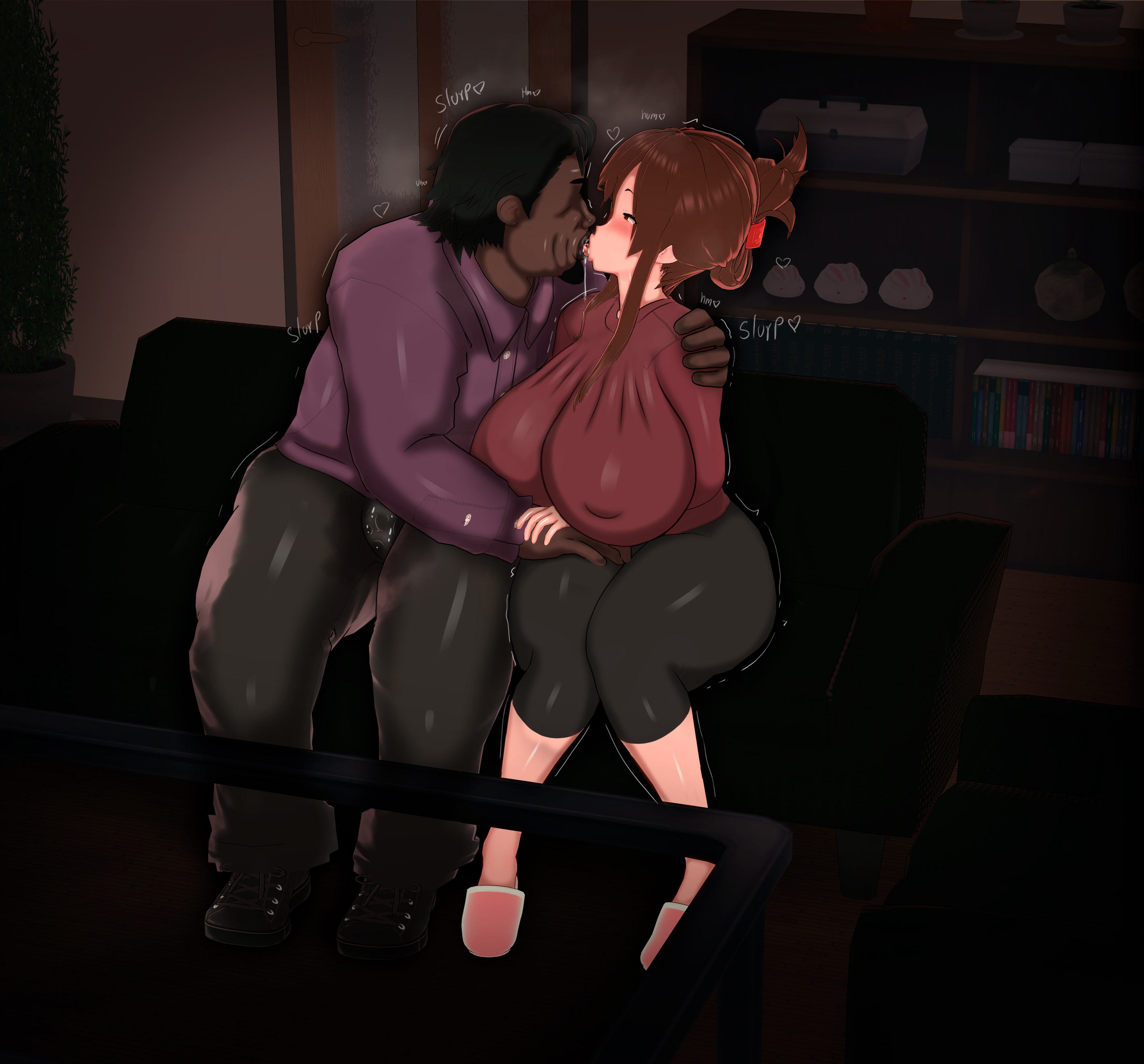 1boy, 1girls, almost caught, ass, azuma hisato, big ass, big breasts, big penis, blush, breasts, brown eyes, brown hair, cheating, cheating girlfriend, cheating wife, covered nipples, dark skin, dark-skinned male, female, french kiss, french kissing, himawari wa yoru ni saku, huge breasts, interracial, kiss, kissing, male, married female, married woman, netorare, ntr, penis, precum, precum through clothing, saliva, saliva string, saliva trail, tongue, tongue kiss, ugly bastard, ugly man, unfaithful, vyrus smith