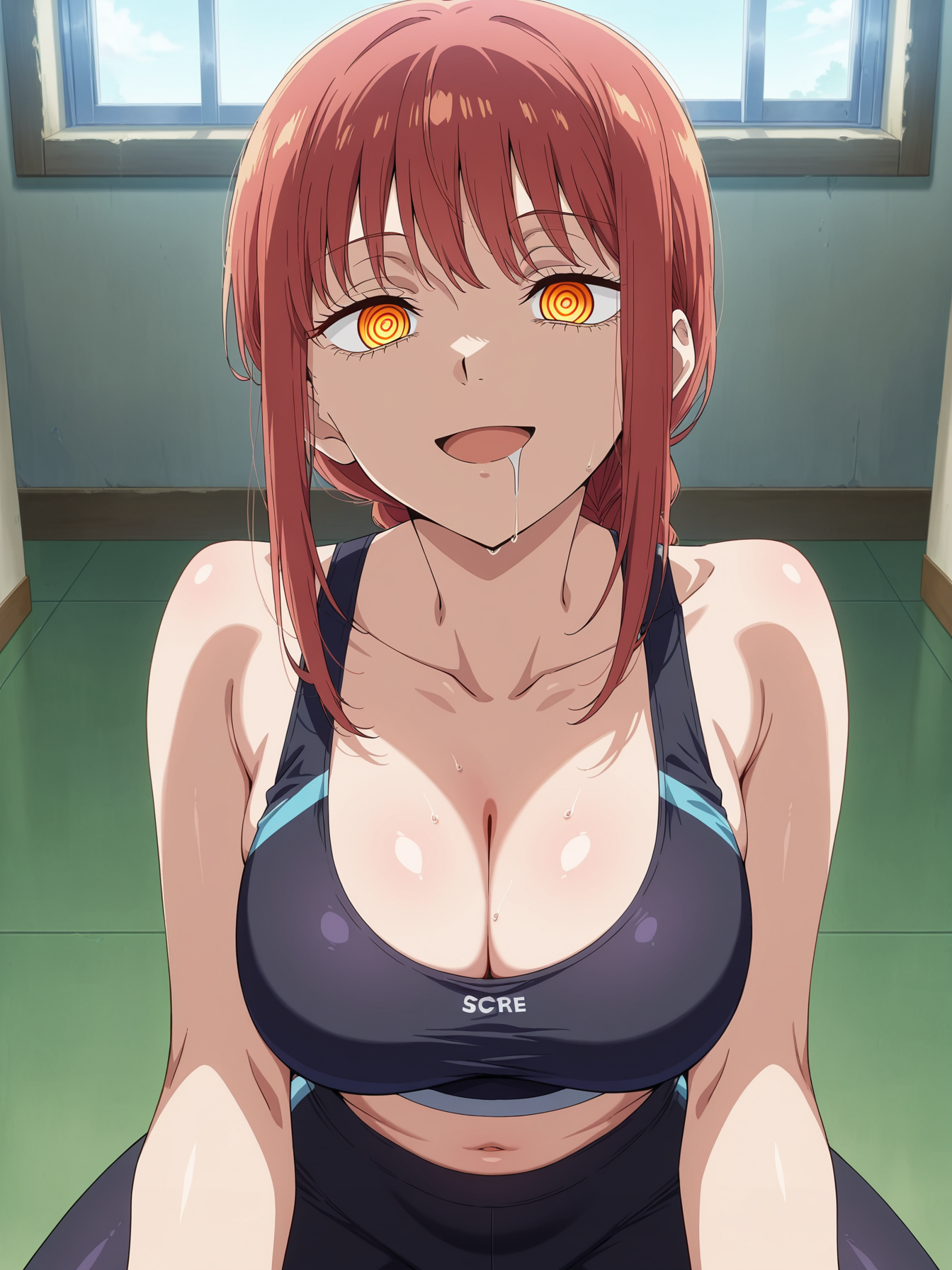ai, ai assisted, ai generated, ass, bangs, big ass, big breasts, blush, braided ponytail, breasts, chainsaw man, drool, drooling, female, hypnosis, hypnotic eyes, leggings, makima (chainsaw man), mind control, ponytail, red hair, saliva, saliva drip, saliva trail, sport, sports bra, sportswear, thighs, yellow eyes